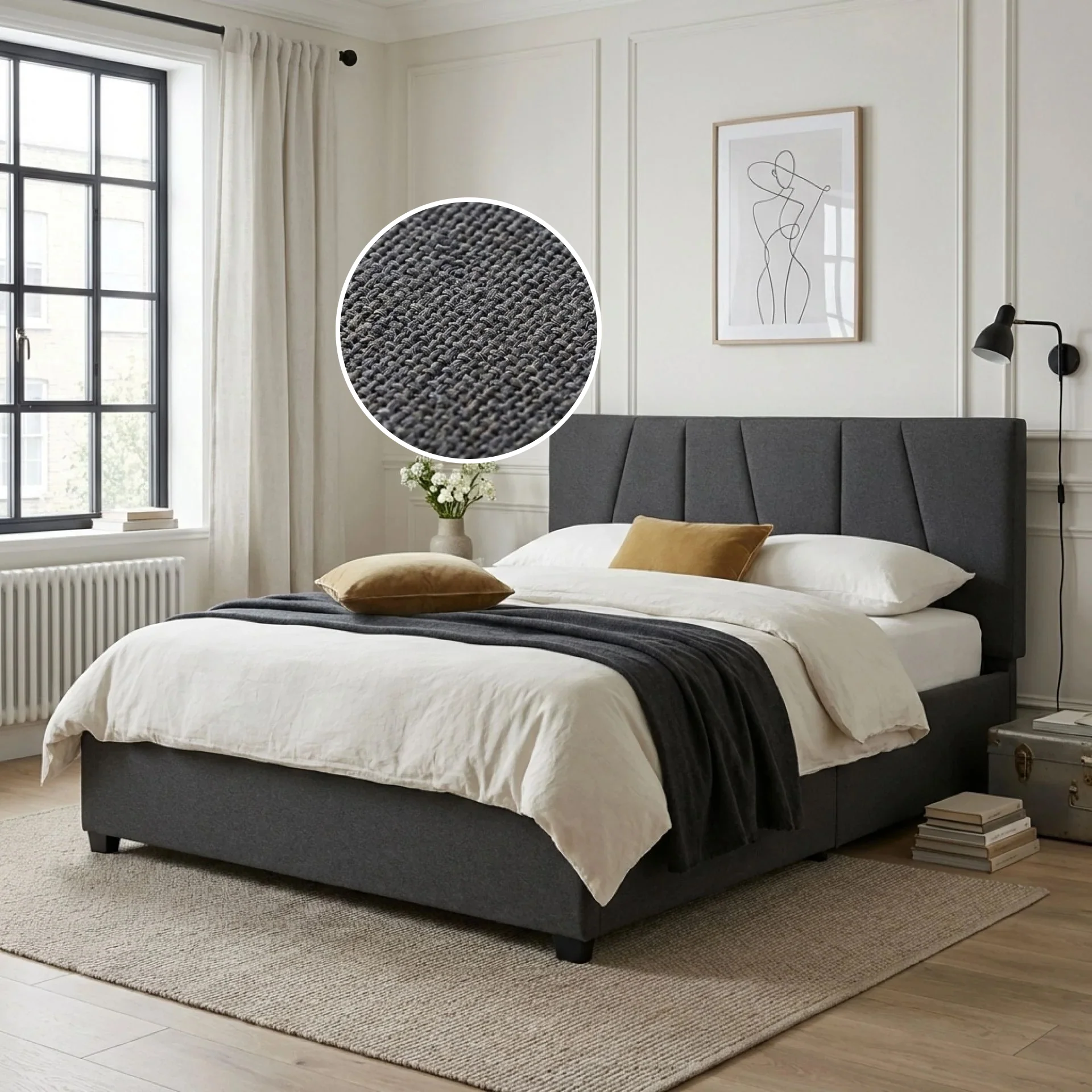 Wireva Linen Queen Bed Frame With 4 Drawers - Dark Grey - Image 2