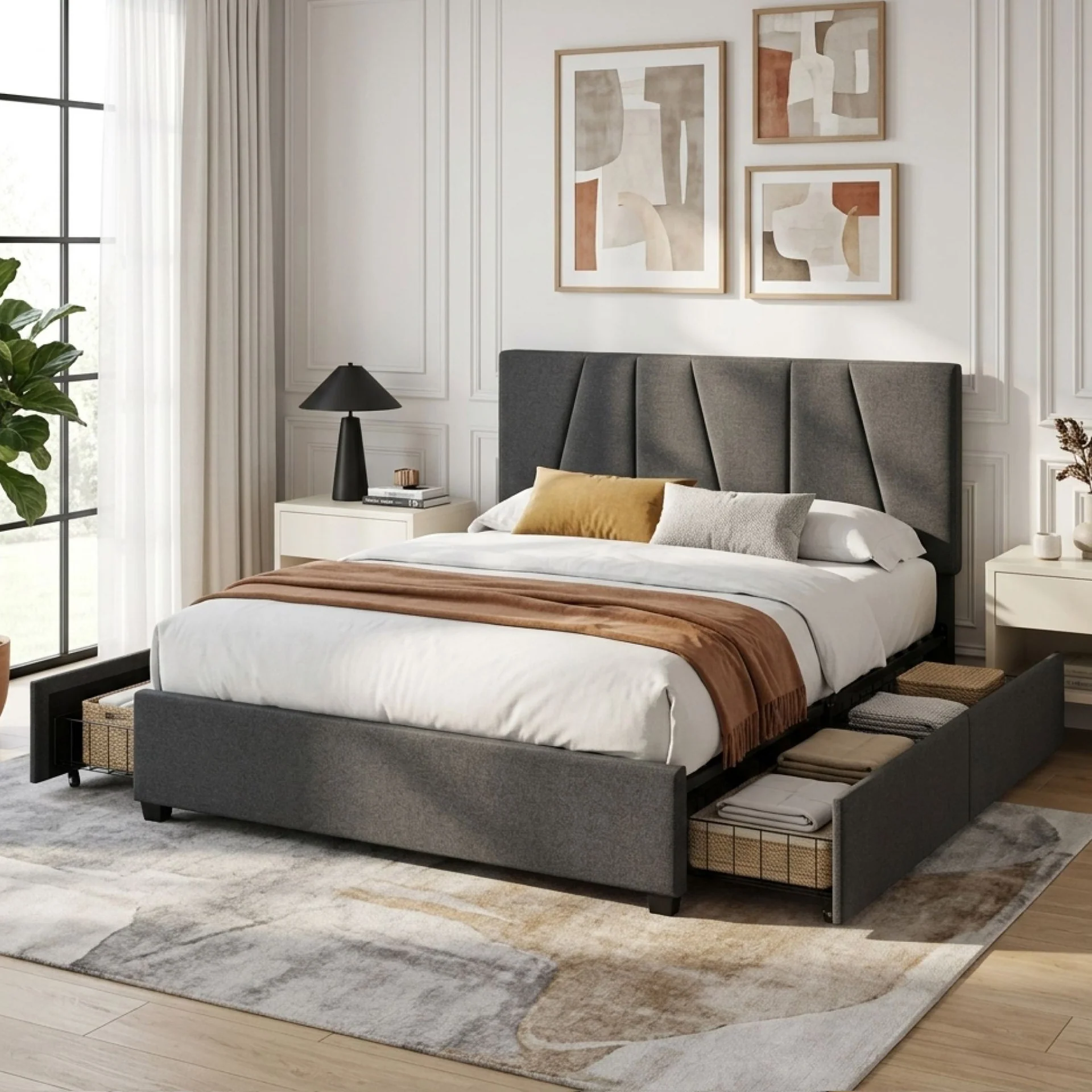 Wireva Linen Queen Bed Frame With 4 Drawers - Dark Grey - Image 3