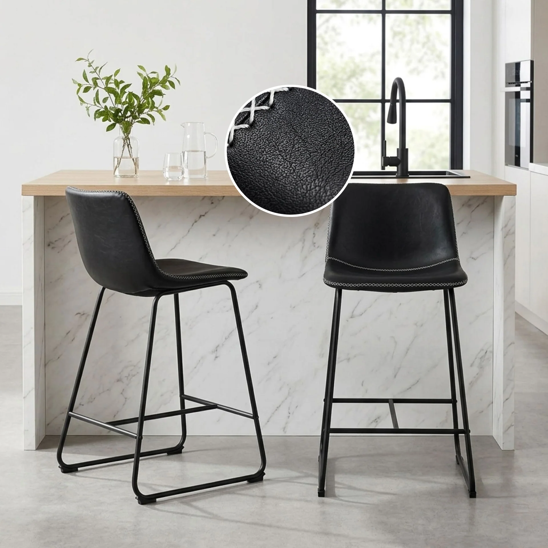 Luke PU Leather Bar Stool - Set of 2 - Black - Image 2
