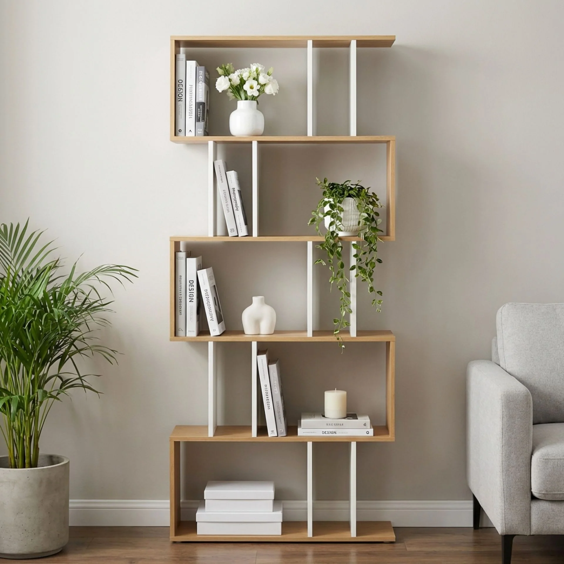 Lumo 5 Tier Bookshelf Display Shelf - Natural + White - Image 5