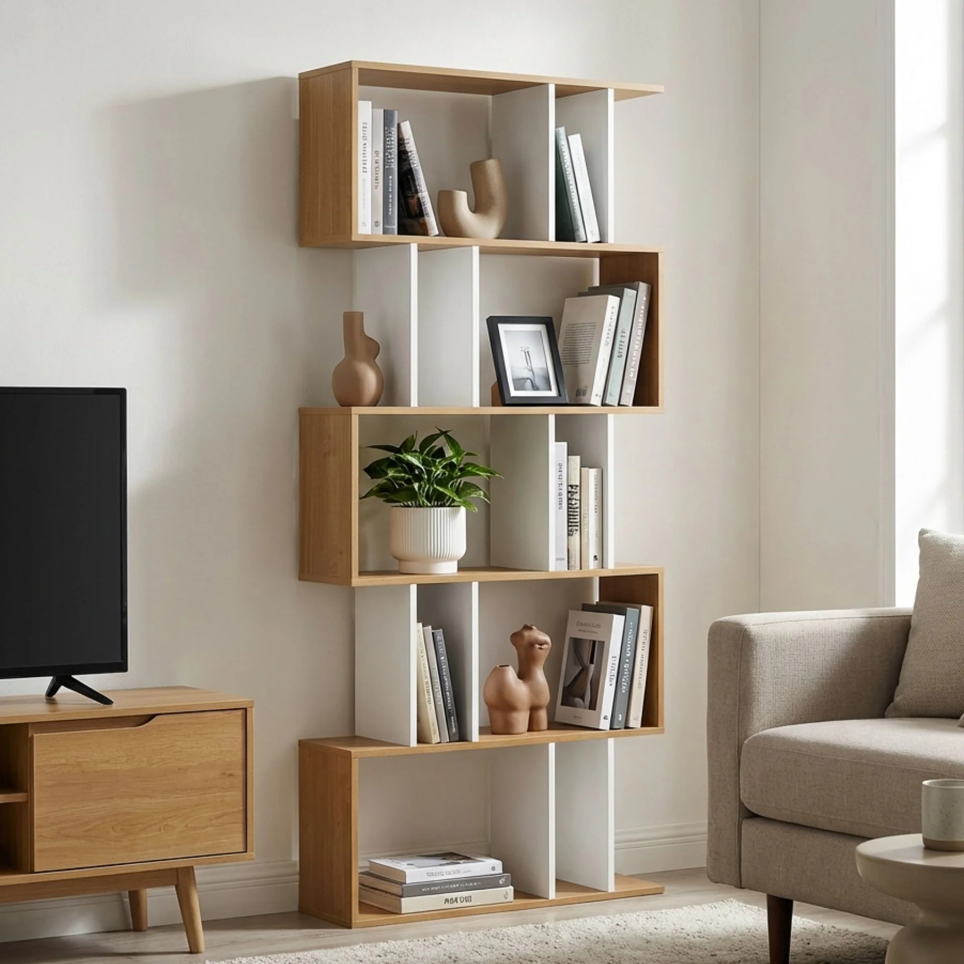 Lumo 5 Tier Bookshelf Display Shelf - Natural + White - Image 6