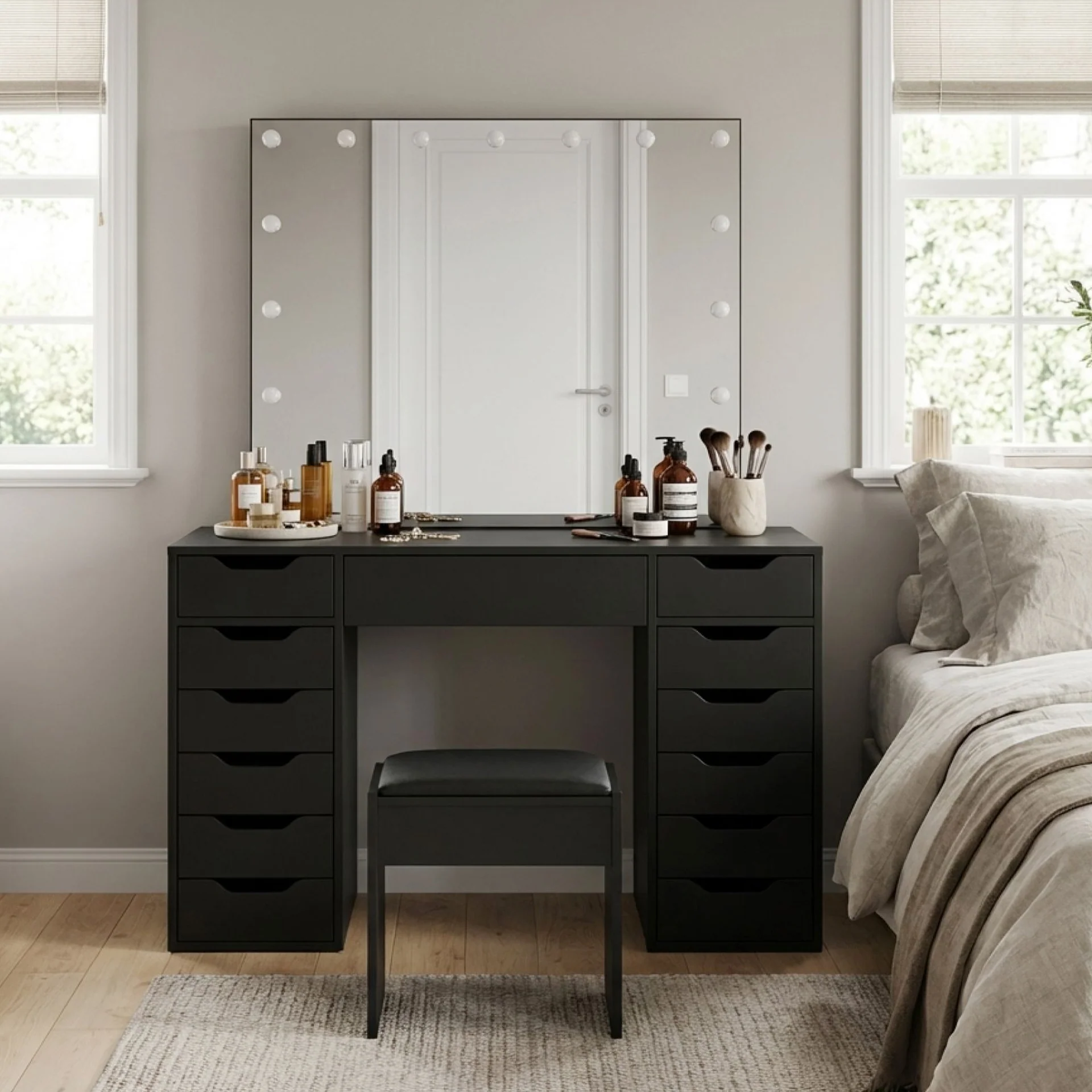 Lustra 2 Piece Dressing Table with Mirror & Stool Set - Black
