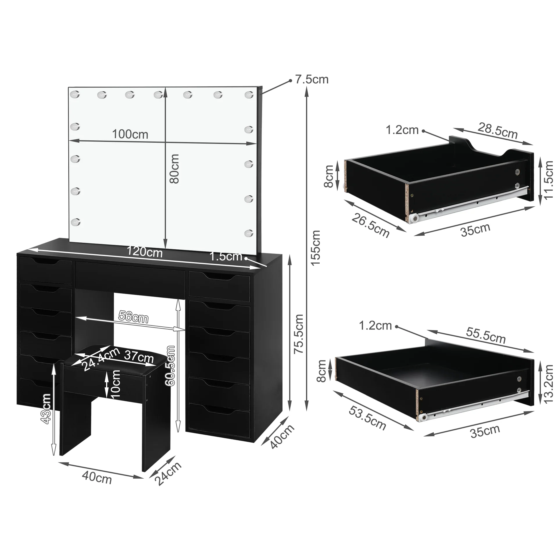 Lustra 2 Piece Dressing Table with Mirror & Stool Set - Black - Image 17