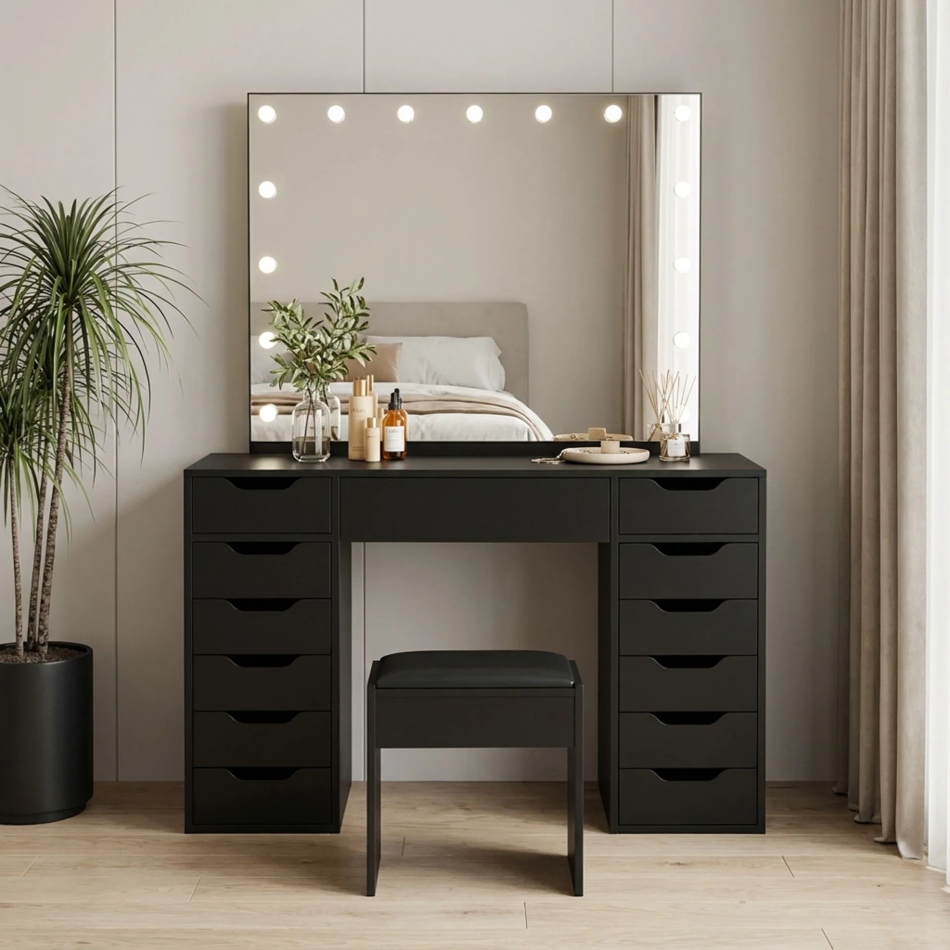 Lustra 2 Piece Dressing Table with Mirror & Stool Set - Black - Image 2