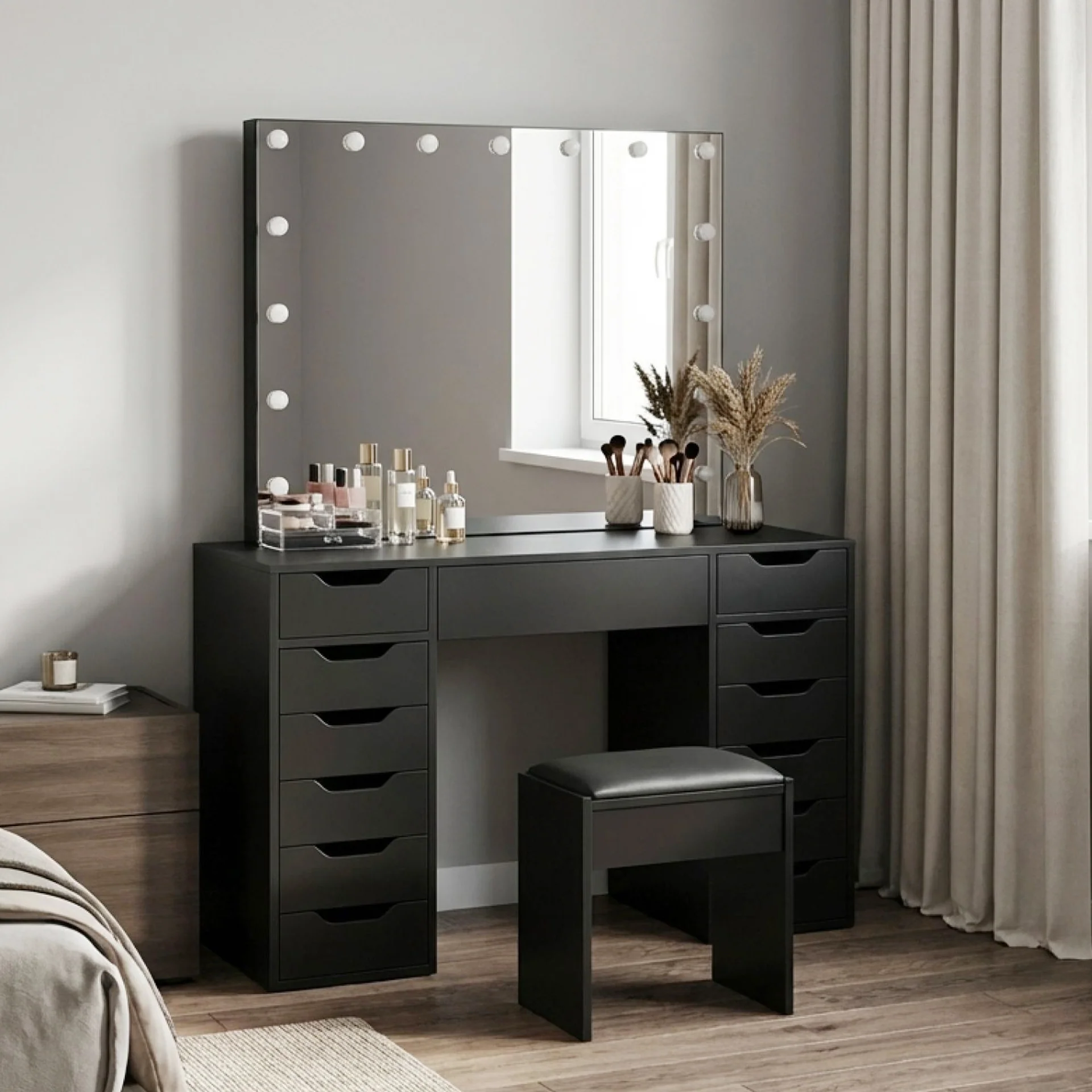 Lustra 2 Piece Dressing Table with Mirror & Stool Set - Black - Image 3