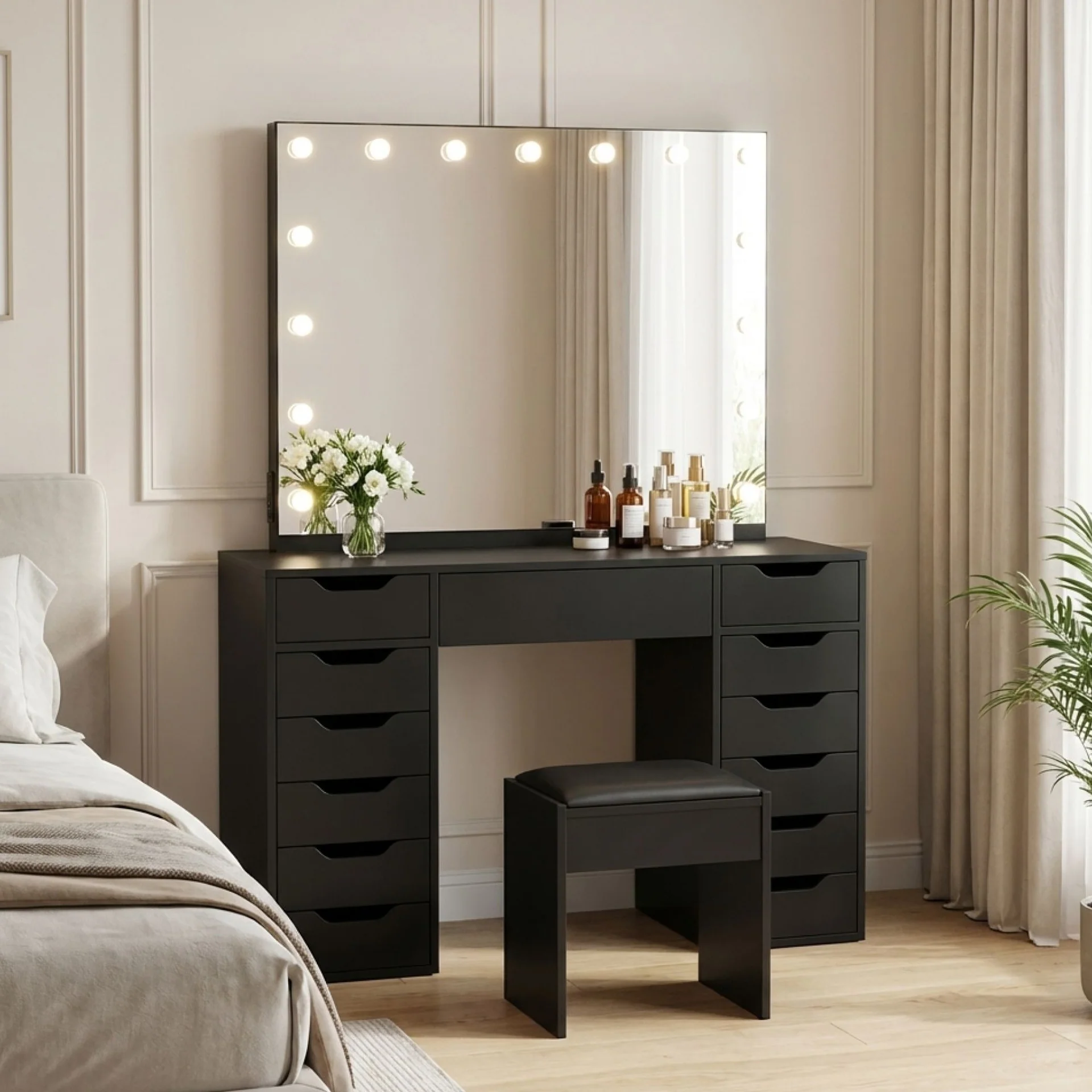 Lustra 2 Piece Dressing Table with Mirror & Stool Set - Black - Image 4