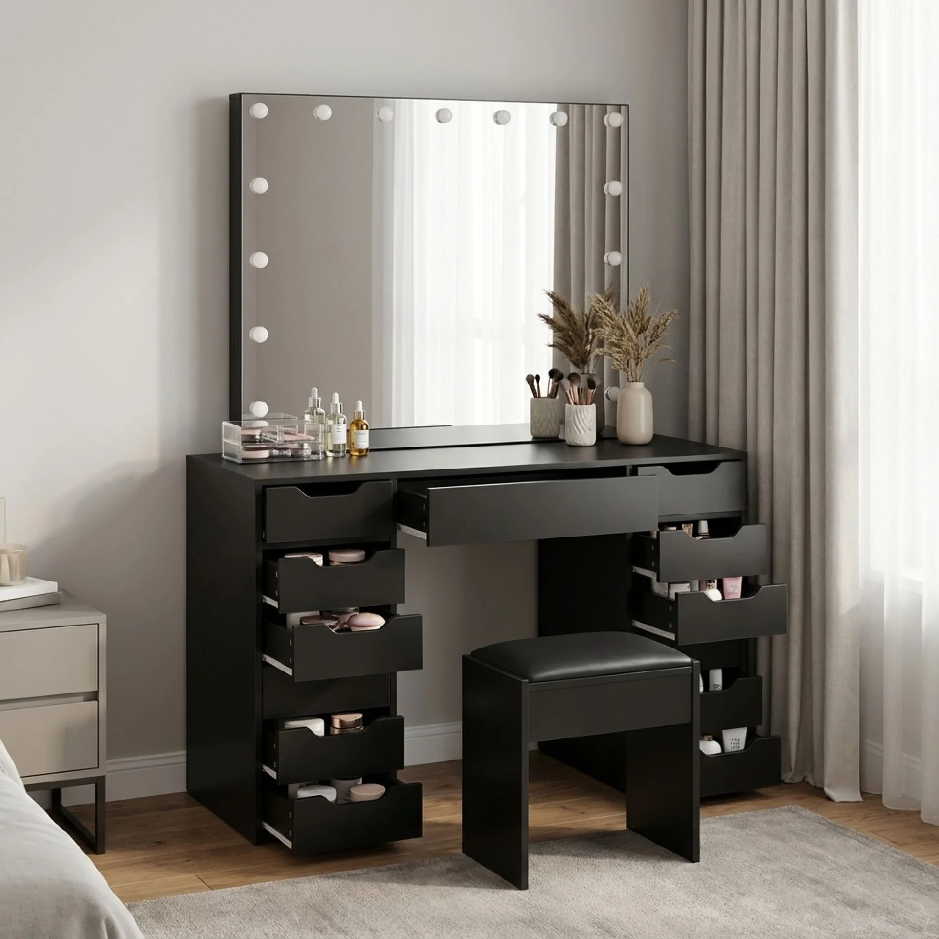 Lustra 2 Piece Dressing Table with Mirror & Stool Set - Black - Image 5