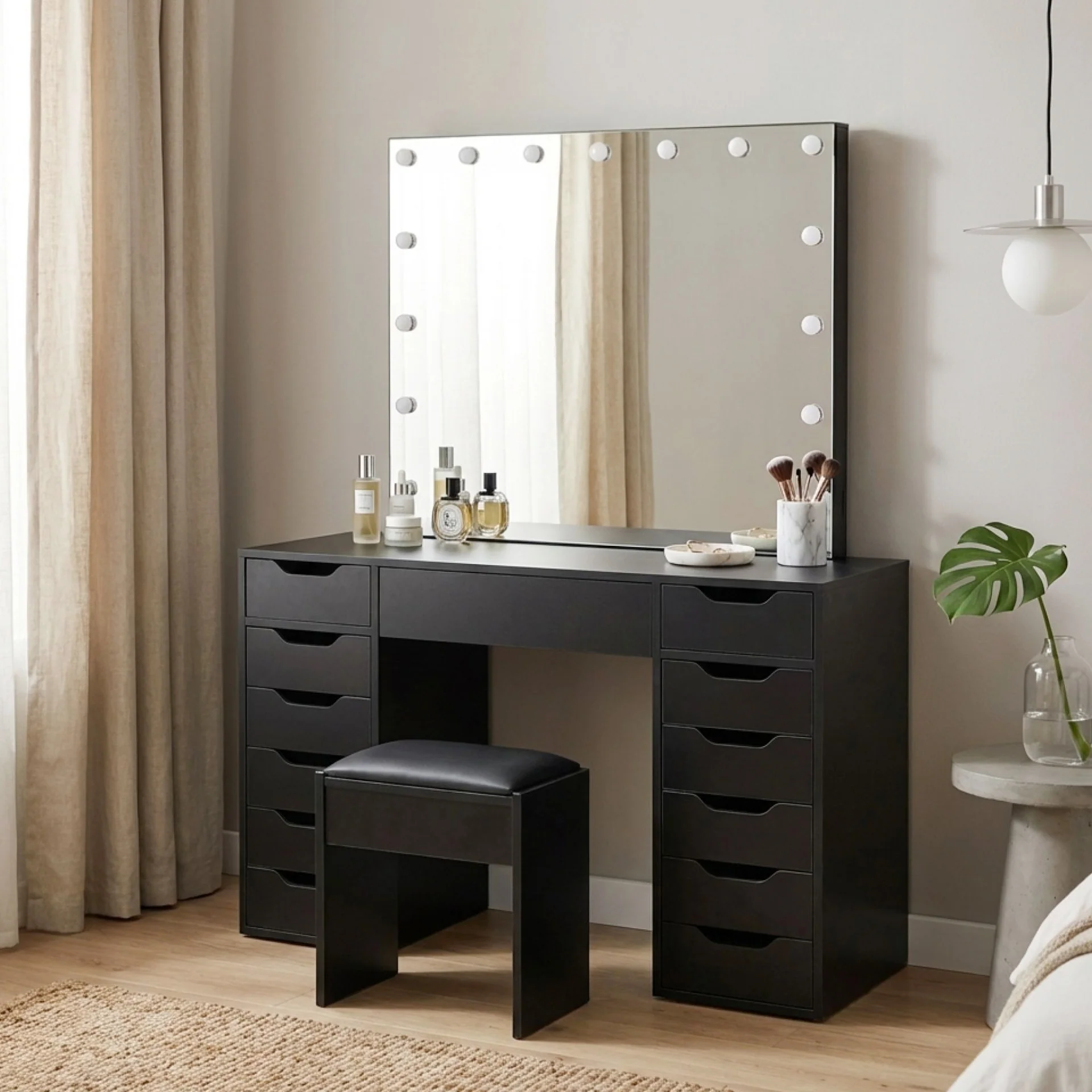 Lustra 2 Piece Dressing Table with Mirror & Stool Set - Black - Image 6