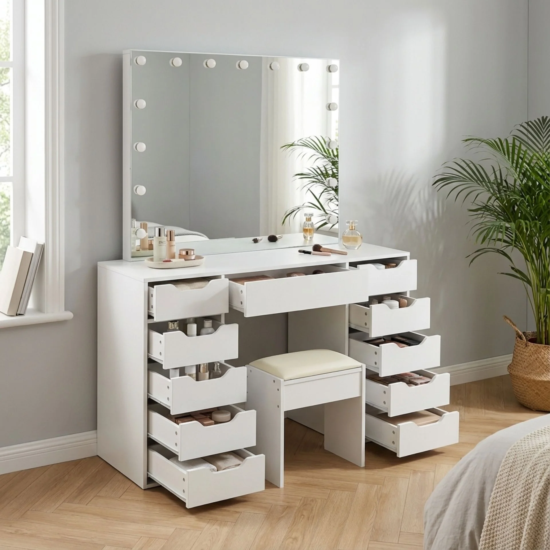 Lustra 2 Piece Dressing Table with Mirror & Stool Set - White - Image 3