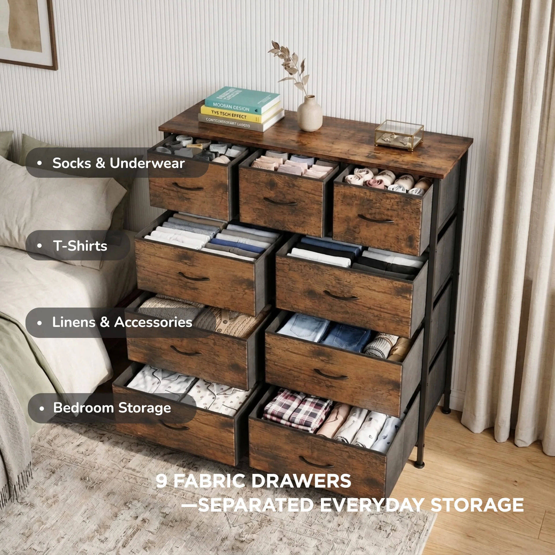 Madilyn 9 Drawer Fabric Tallboy - Rustic Brown - Image 4