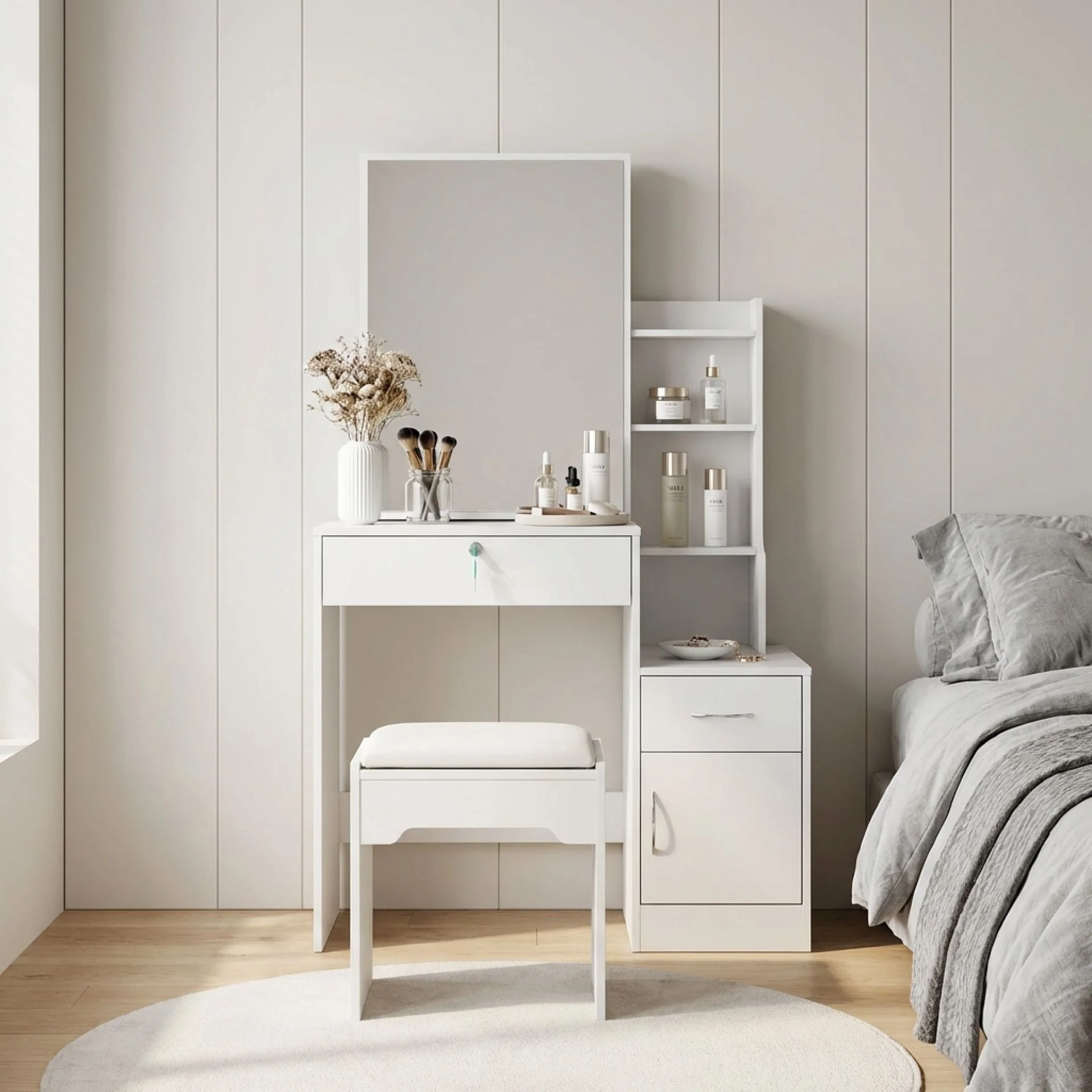 Magnolia Sliding Door Mirror Dressing Table Set 2pcs - White - Image 4