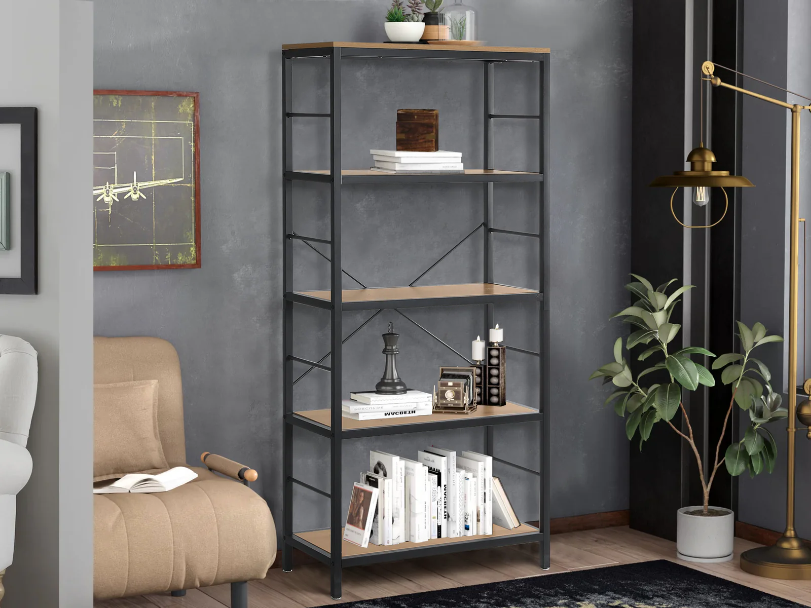 MAINIT 5 Tier Bookshelf - OAK - Image 7