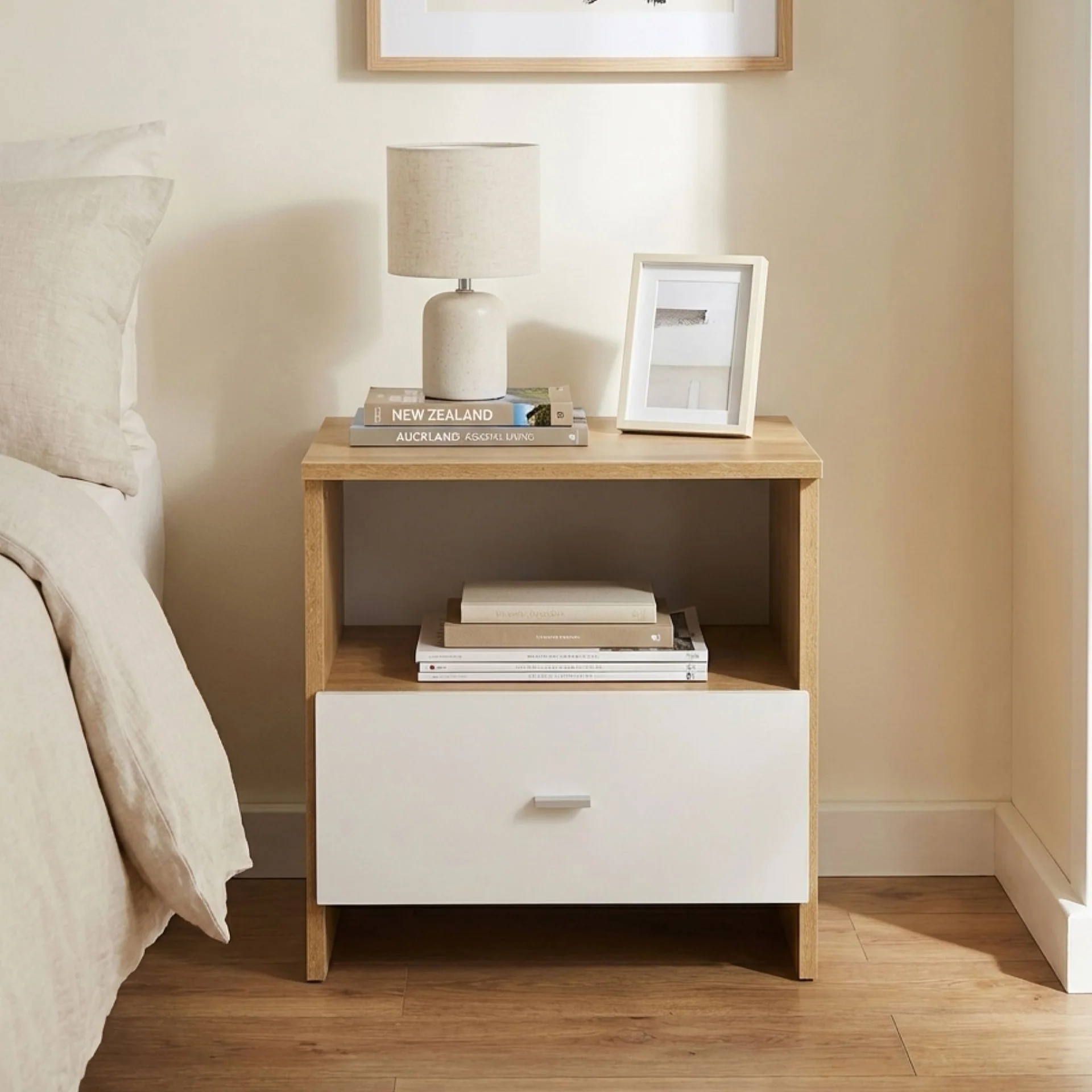 MAKALU Wooden Bedside Table Nightstand with 1 Drawer - OAK - Image 5