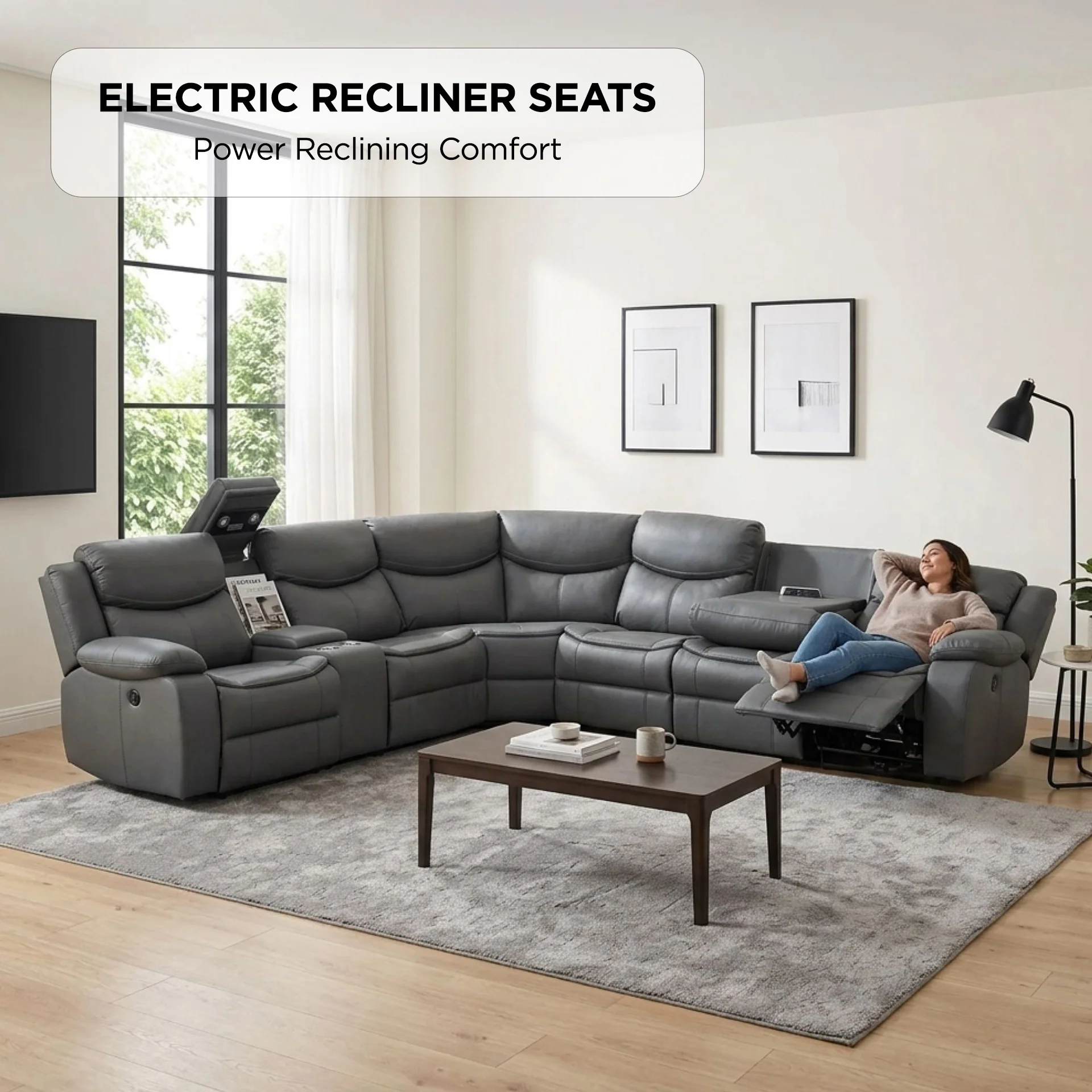 Mandan Electric Recliner Corner Sofa - Grey - Image 2
