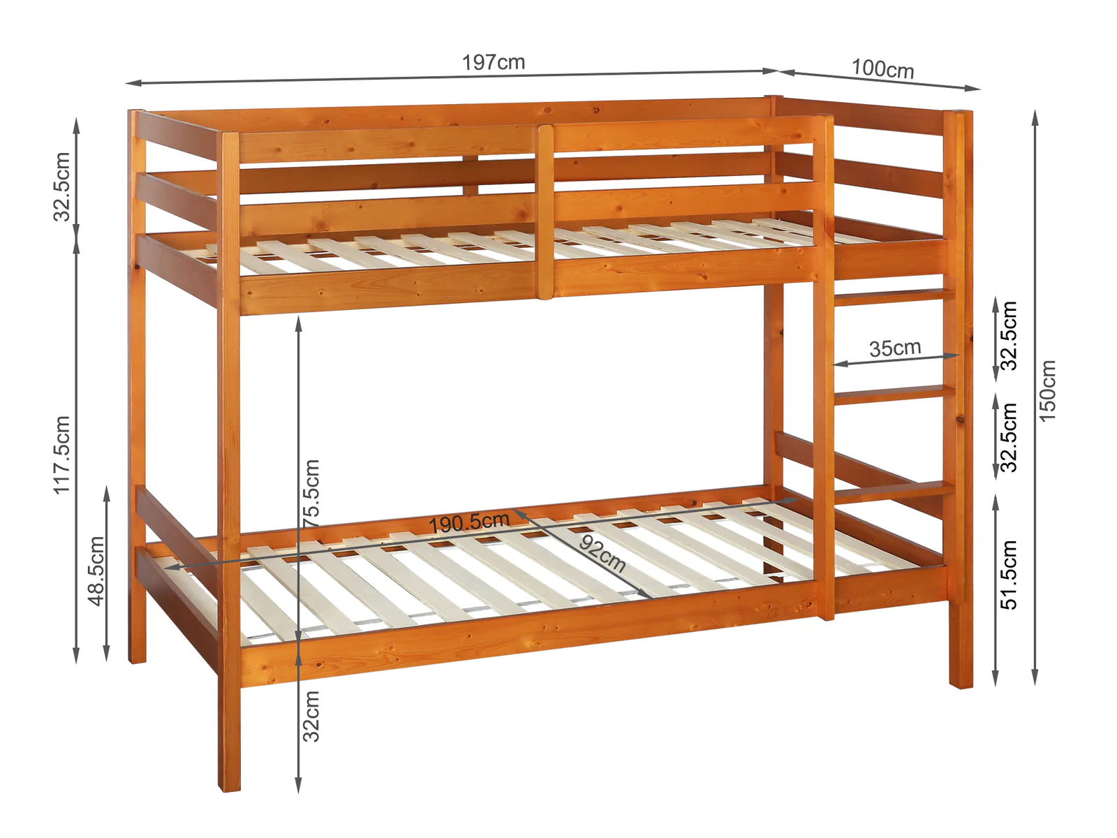 Maroon Single Wooden Bunk Bed Frame - Oak - Image 8