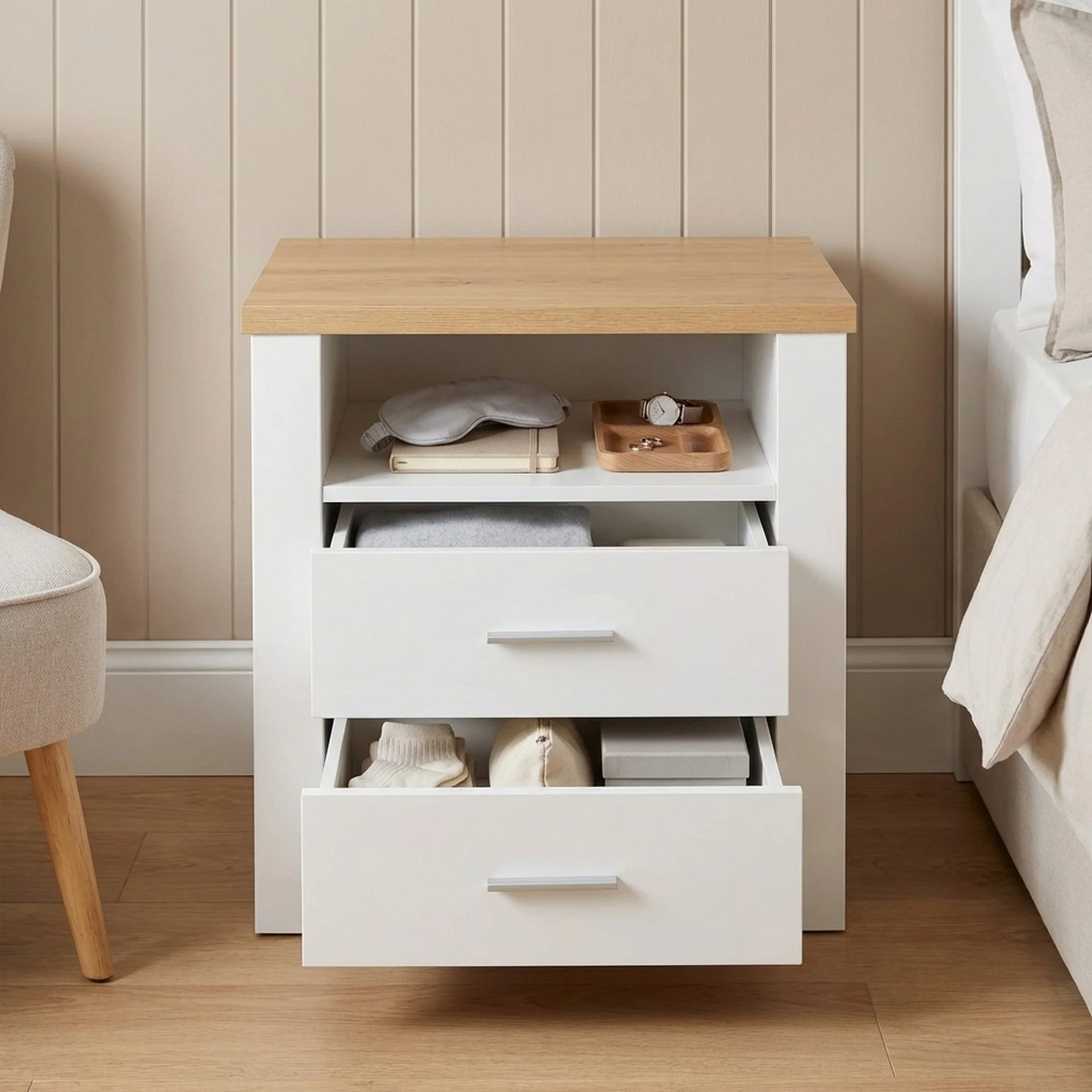 Mateo Wooden Bedside Table - White + Oak - Image 2