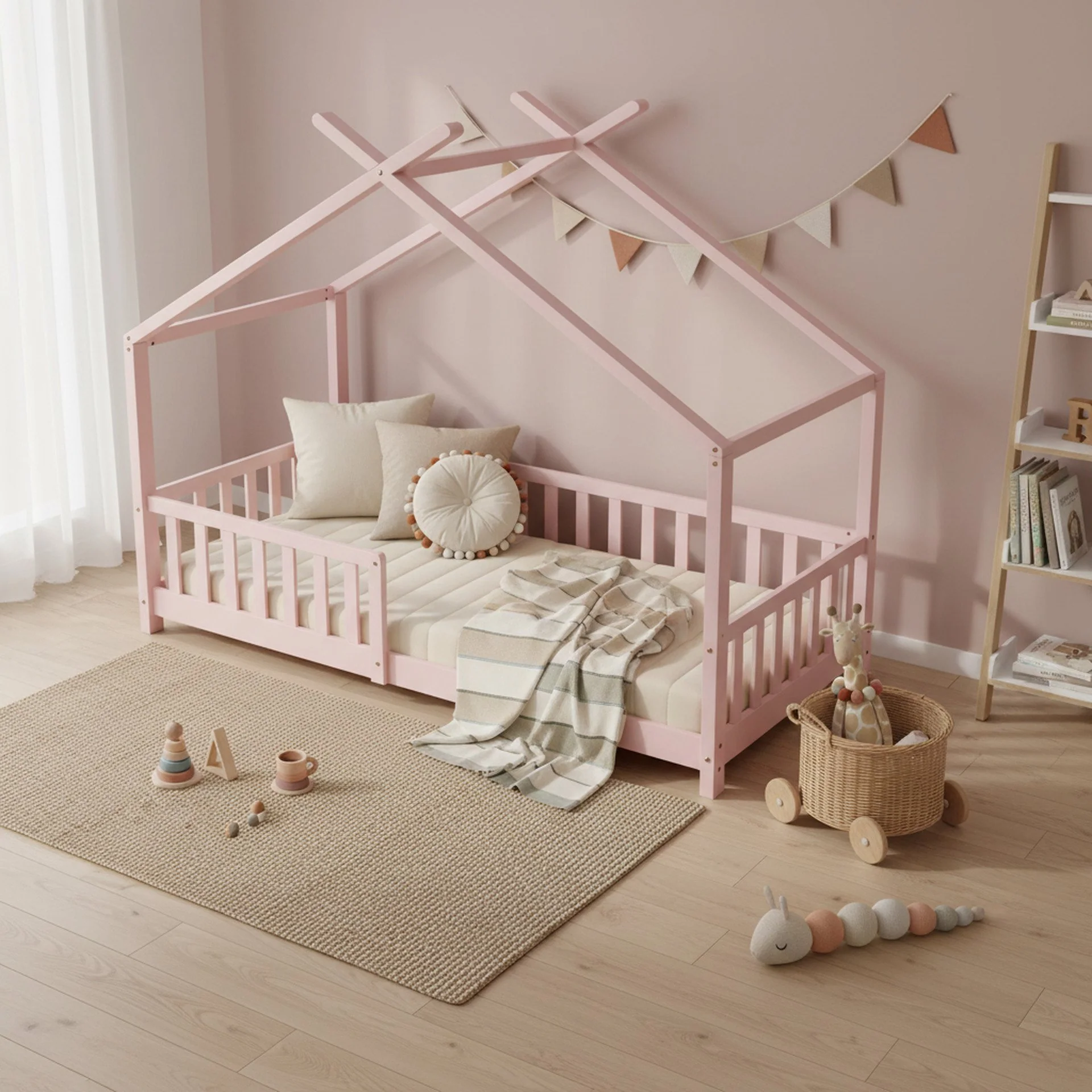 Minto Single Wooden House Bed Frame - Pink - Image 7