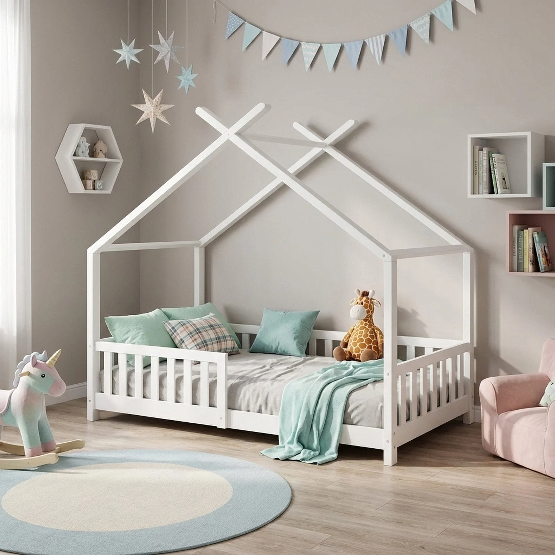 Minto Single Wooden House Bed Frame - White - Image 6