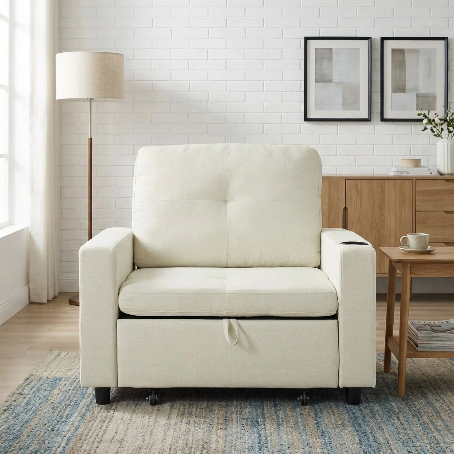 Mist 1 Seater Sofa Bed With Cup Holder And Side Tray - Cream - Image 7