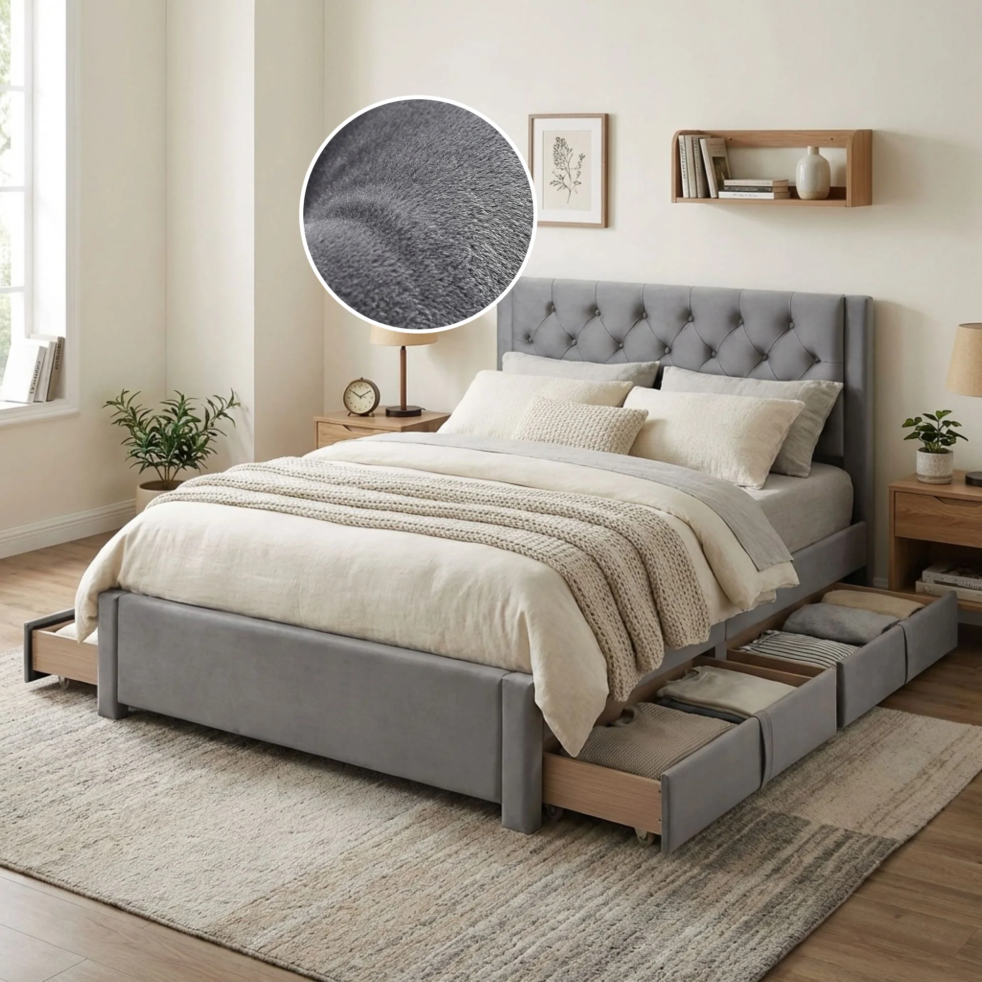 Montana Velvet Double Bed Frame with 4 Drawers - Grey - Image 2