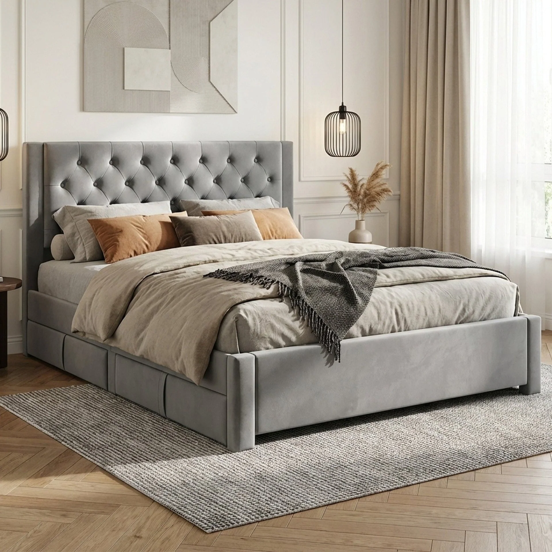 Montana Velvet Queen Bed Frame with 4 Drawers - Grey - Image 3