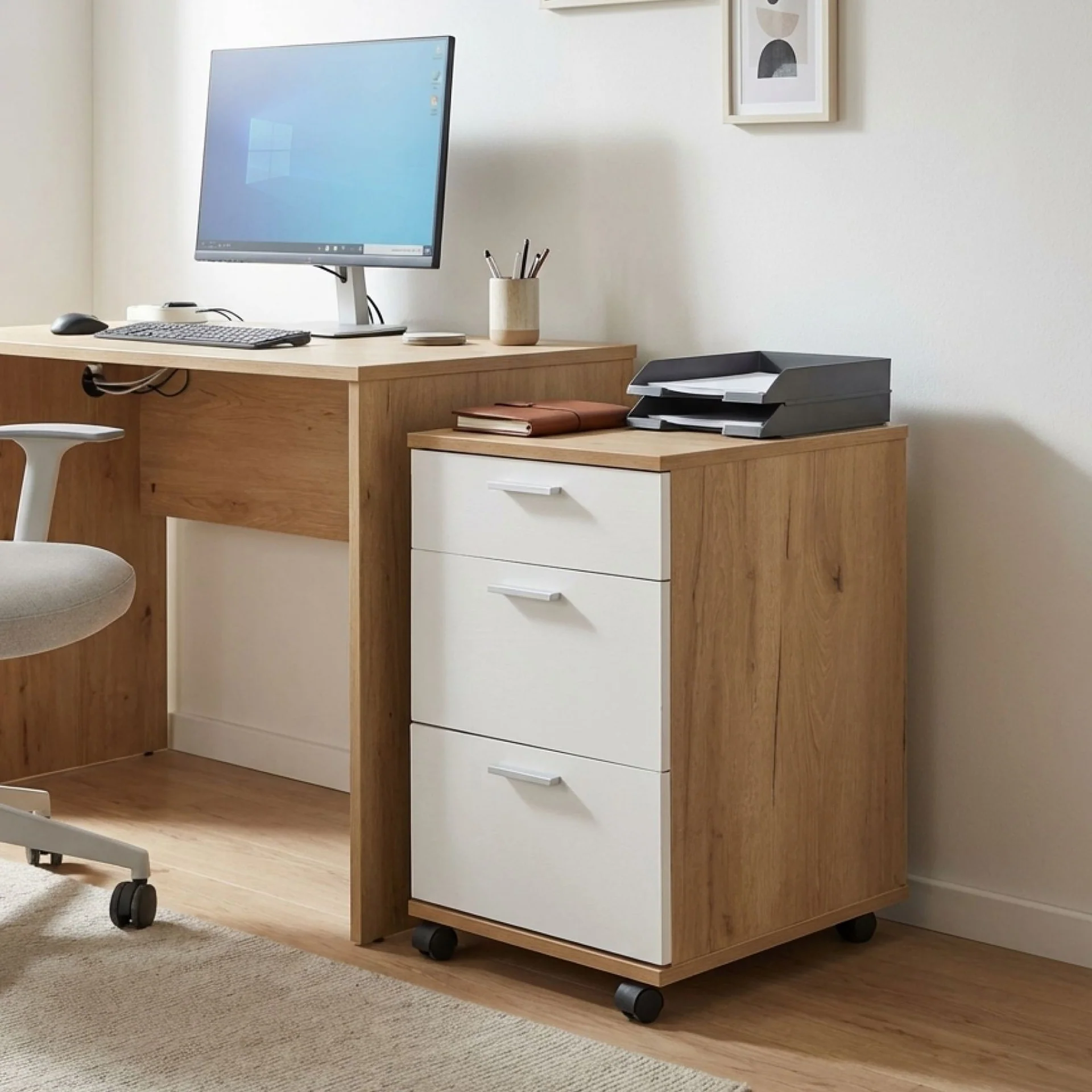 Nakia 3 Drawer Filing Cabinet - Oak+White