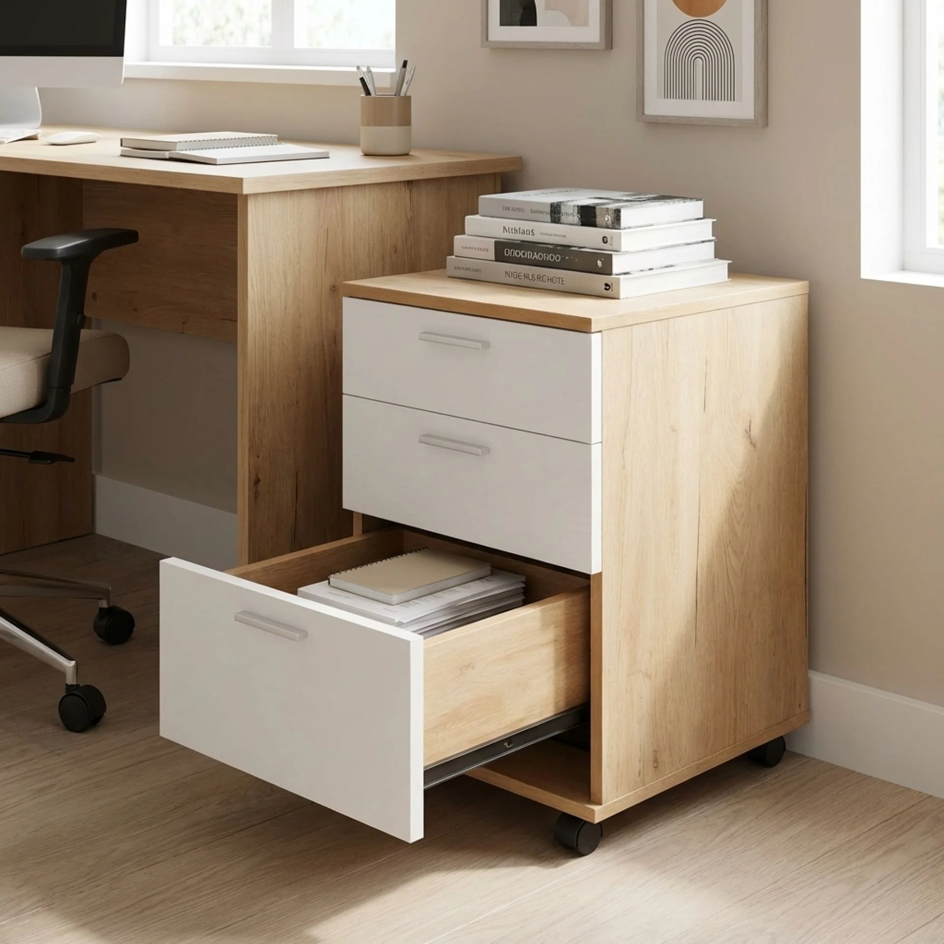 Nakia 3 Drawer Filing Cabinet - Oak+White - Image 2
