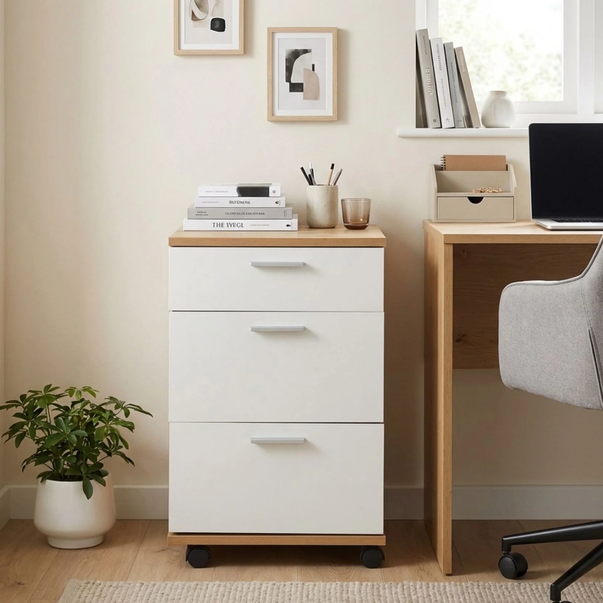 Nakia 3 Drawer Filing Cabinet - Oak+White - Image 3