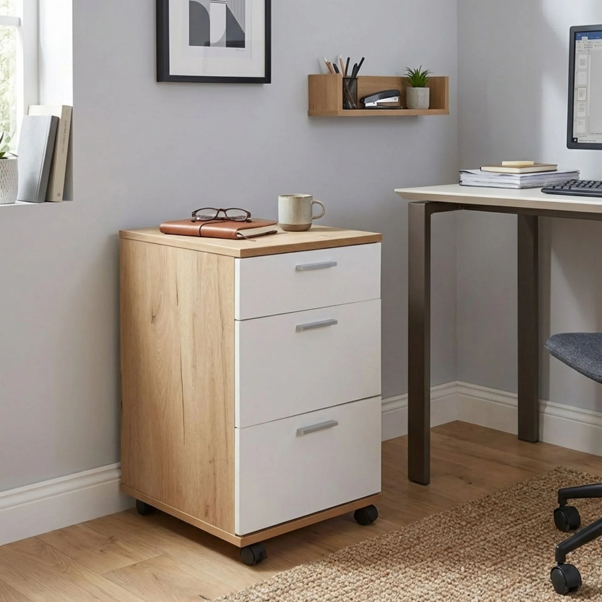 Nakia 3 Drawer Filing Cabinet - Oak+White - Image 4