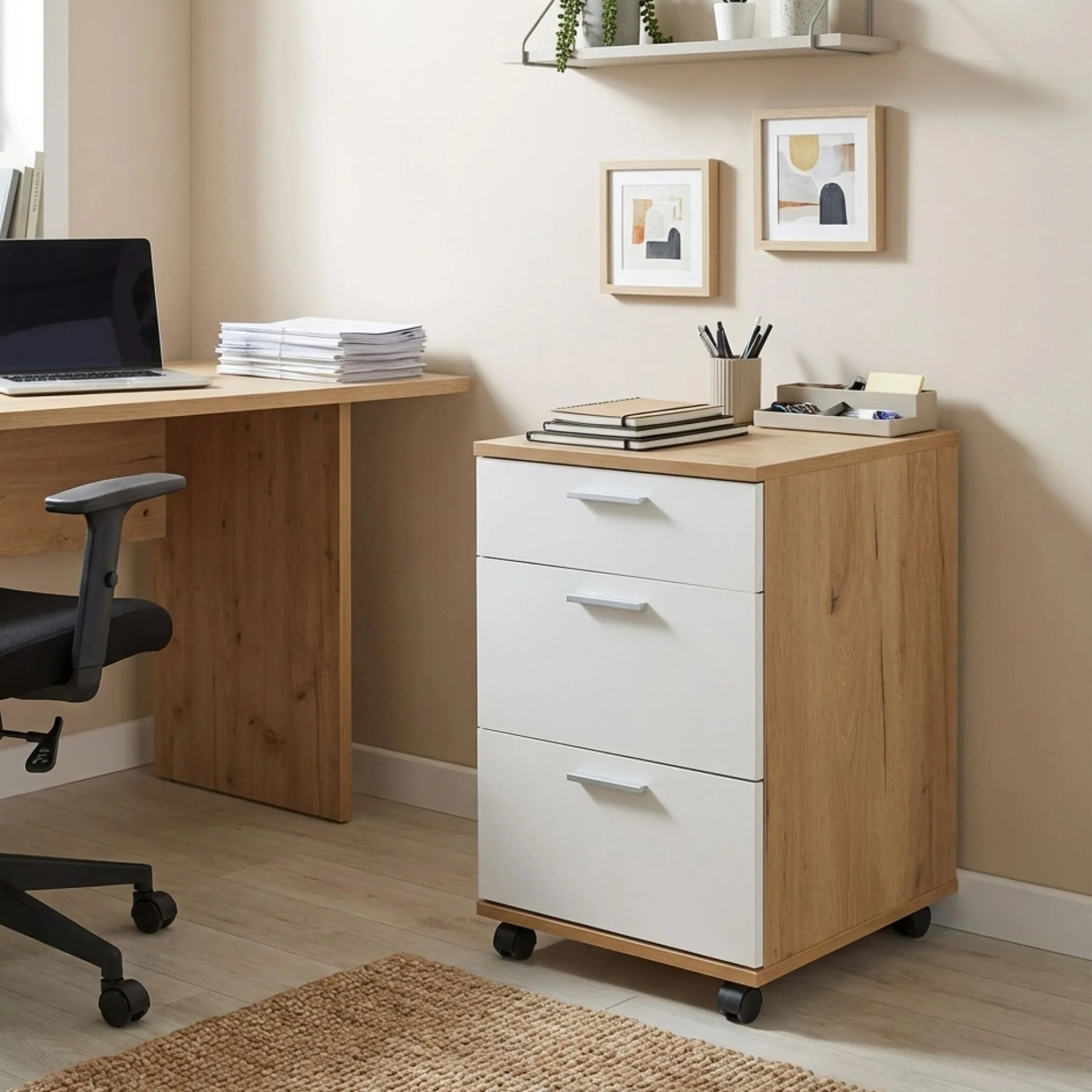 Nakia 3 Drawer Filing Cabinet - Oak+White - Image 5