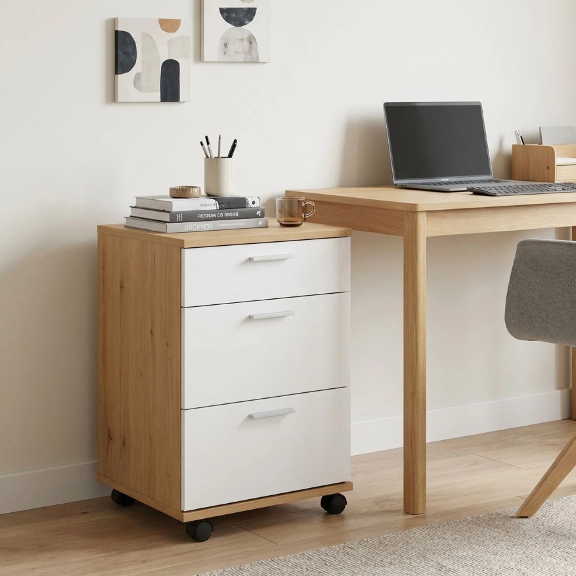 Nakia 3 Drawer Filing Cabinet - Oak+White - Image 6