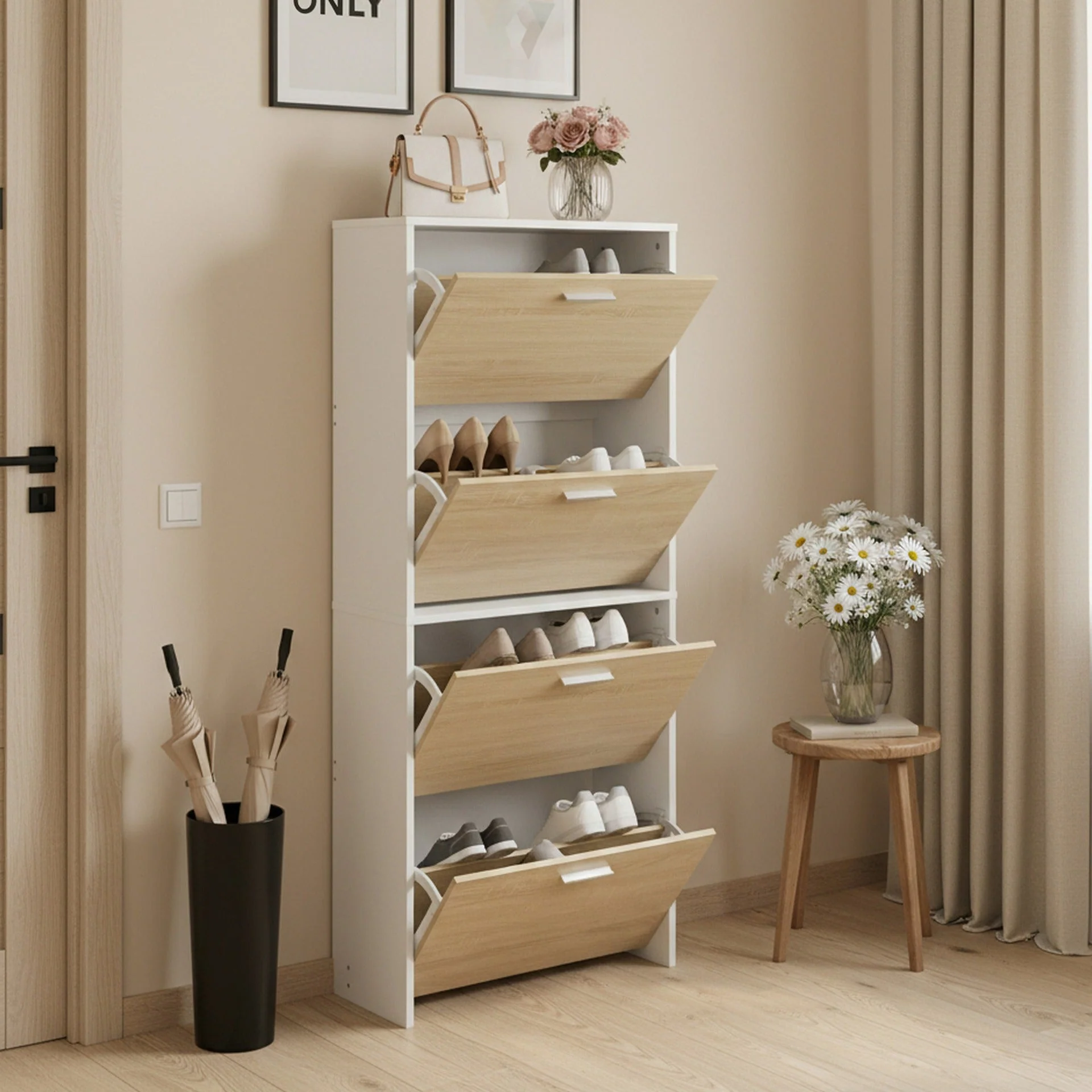 Navo 4 Drawer Shoe Cabinet Storage Rack - White Oak - Image 2