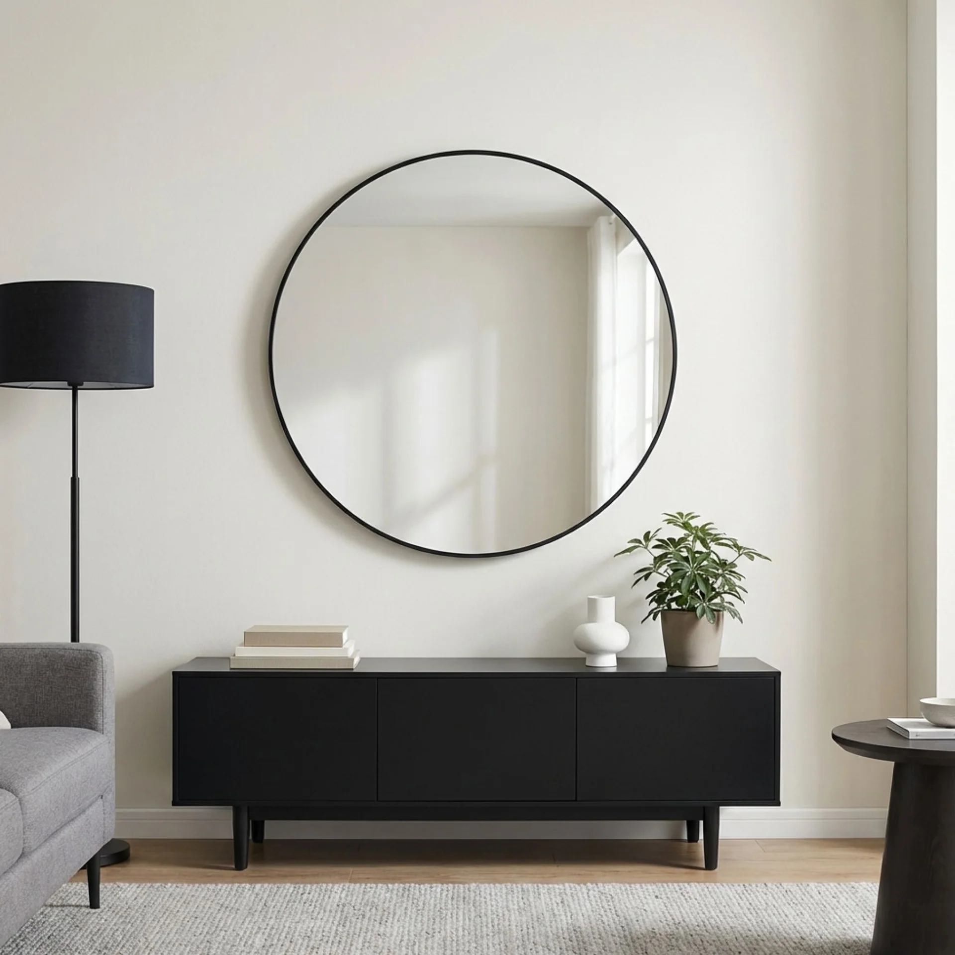 Noir Round Wooden Wall Mirror 90cm - Black - Image 5