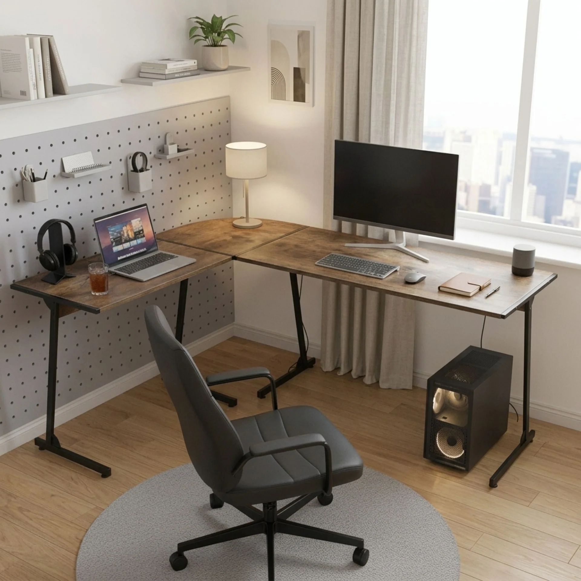 Nordix L-Shaped Computer Corner Desk - Rustic Brown - Image 3