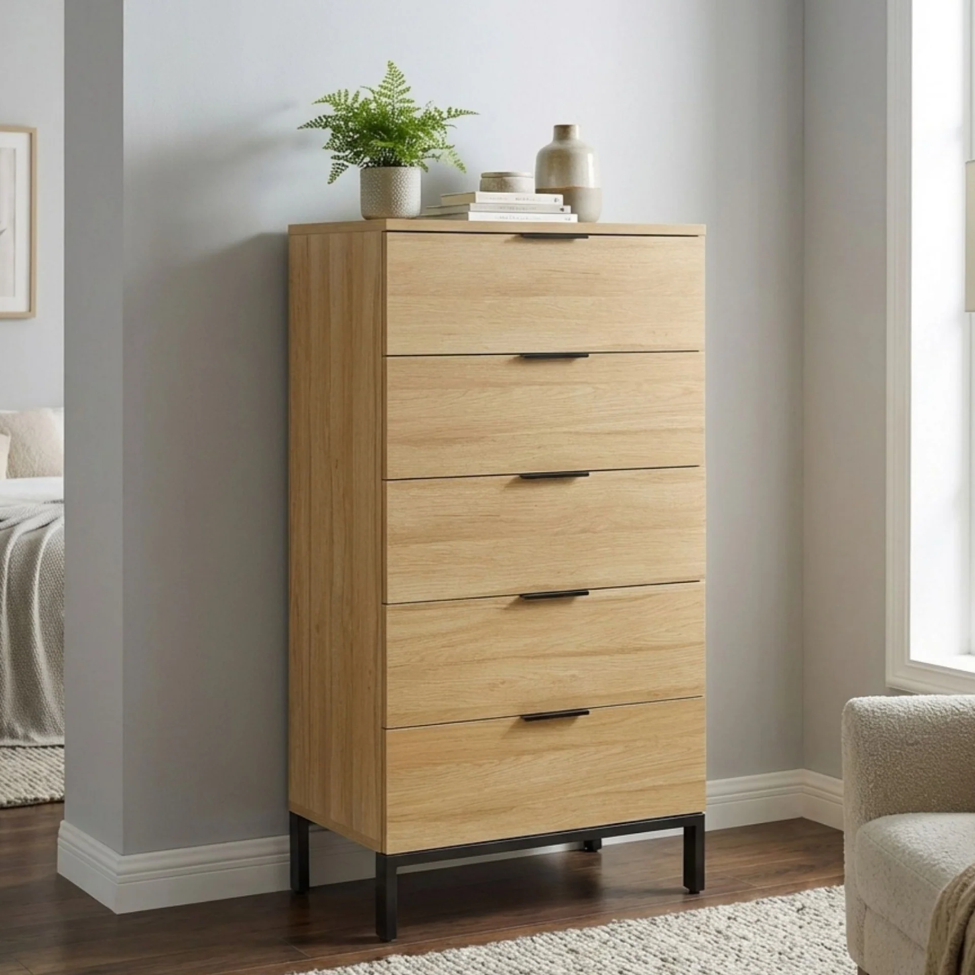 Ocala Tallboy 5 Drawer Chest Dresser - Oak - Image 8