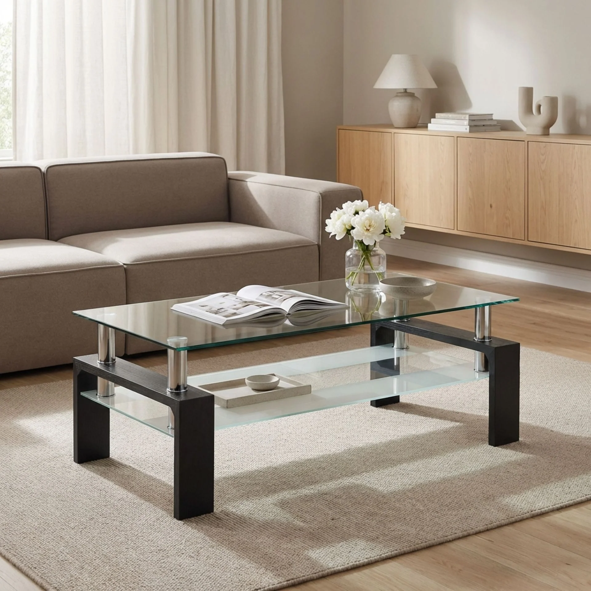 Ollie Tempered Glass Rectangle Coffee Table 110 x 60cm - Black