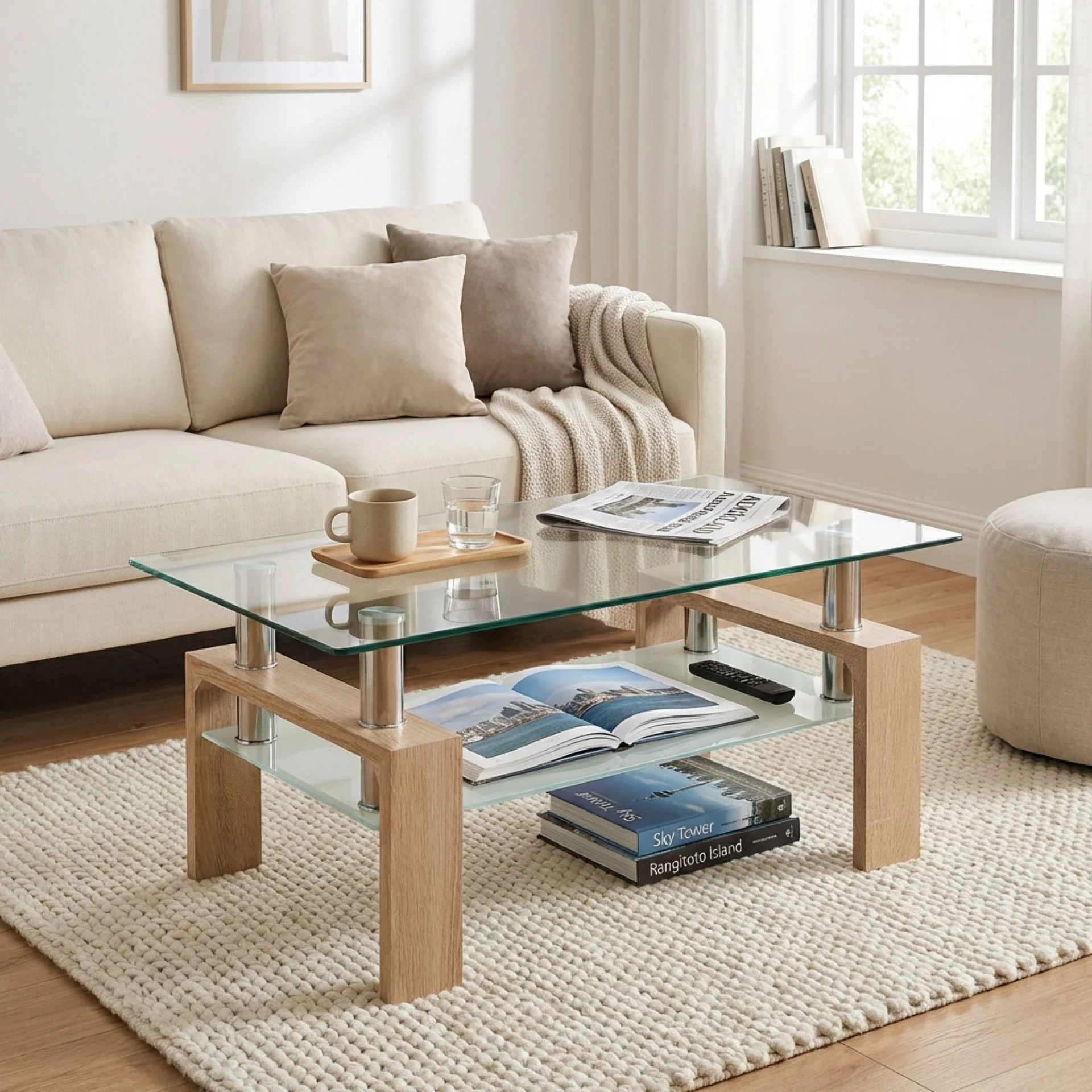 Ollie Tempered Glass Rectangle Coffee Table 95 x 55cm - Oak - Image 2