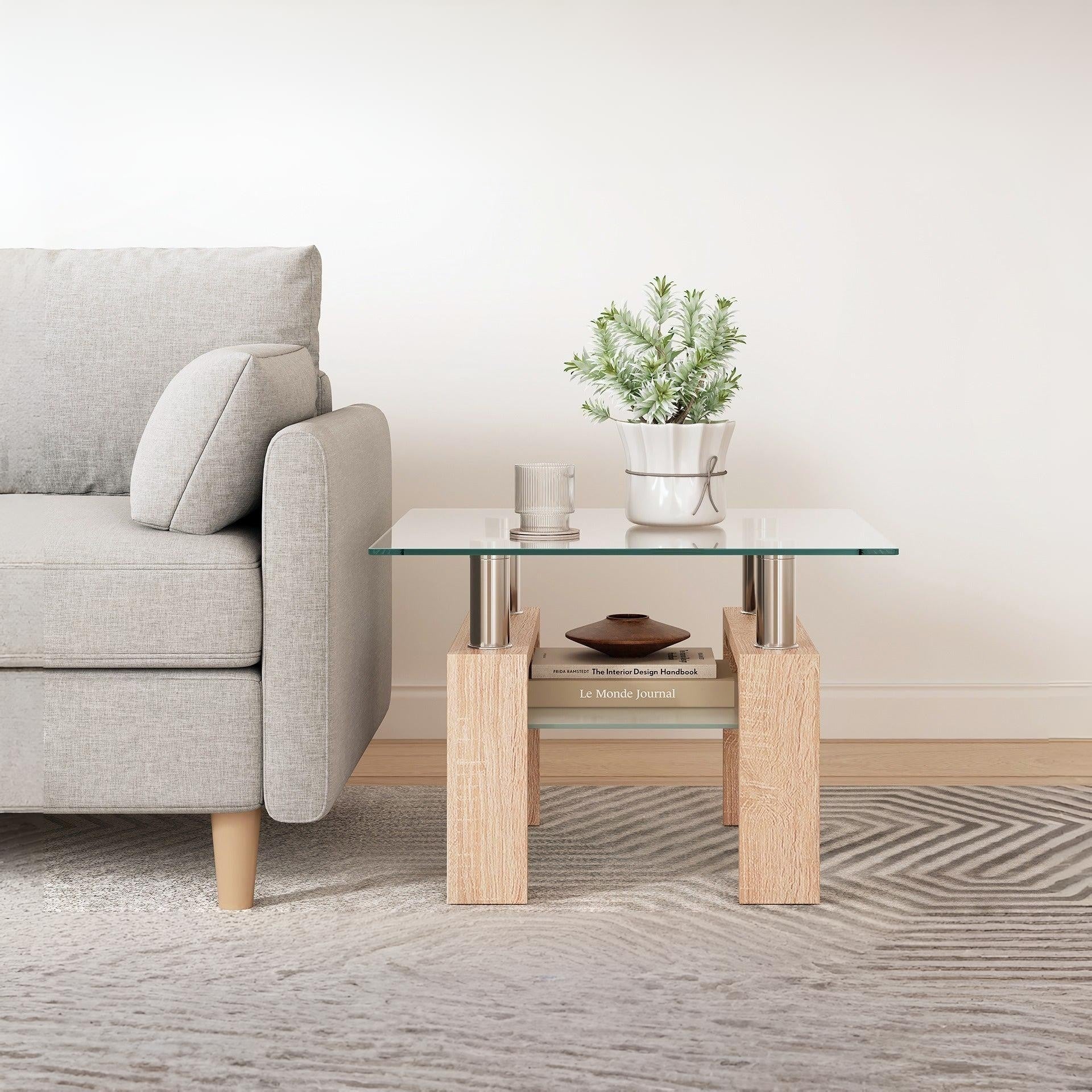 Ollie Tempered Glass Square Side Table 65 x 65cm - Oak - Image 2