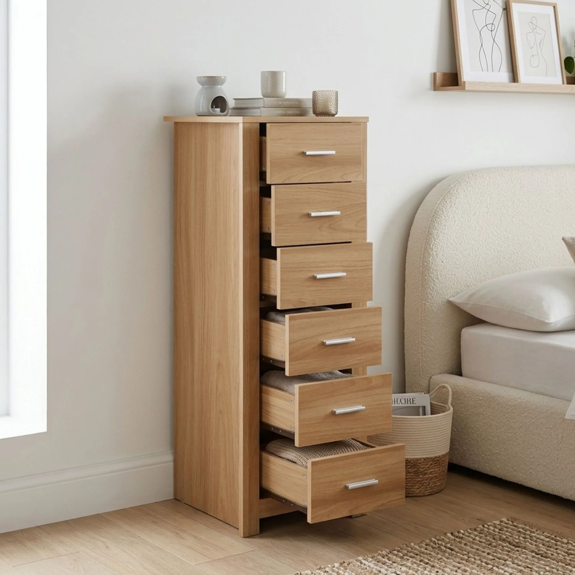 Olsen 6 Drawers Slim Tallboy - Oak - Image 2