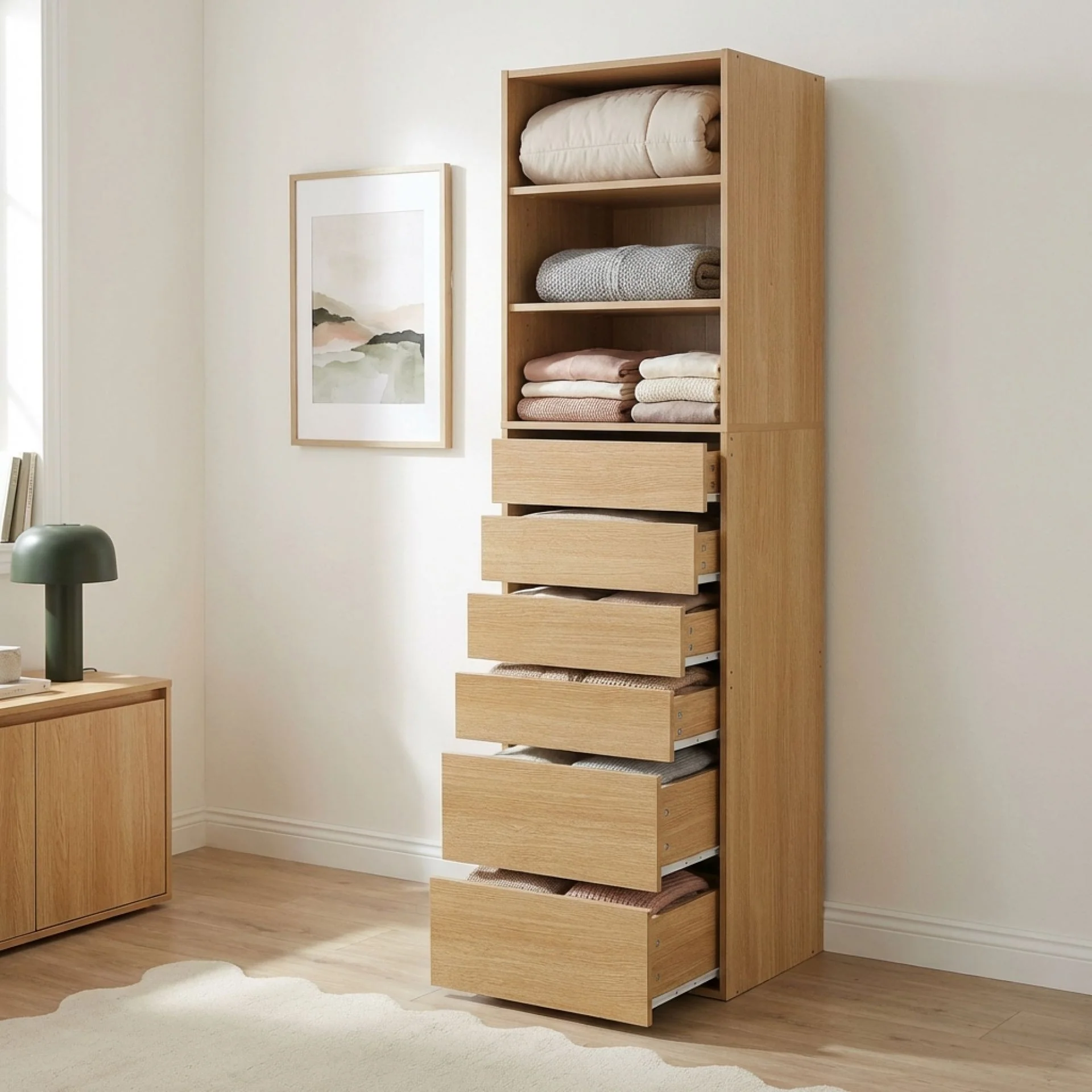 Payette 6 Drawer & 3 Shelf Wardrobe - Oak - Image 2