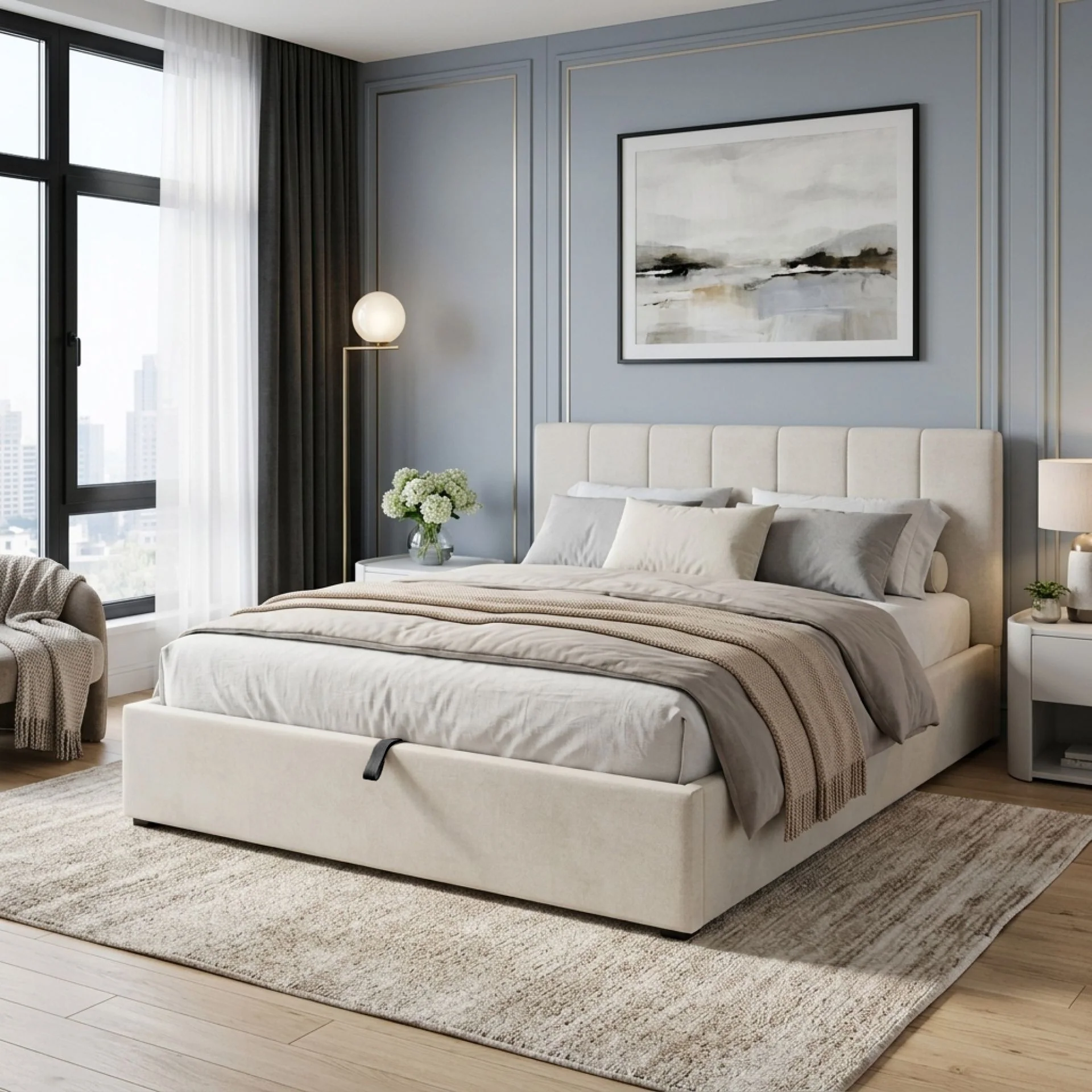 Penelope Queen Gas Lift Bed Frame - Linen Beige - Image 4