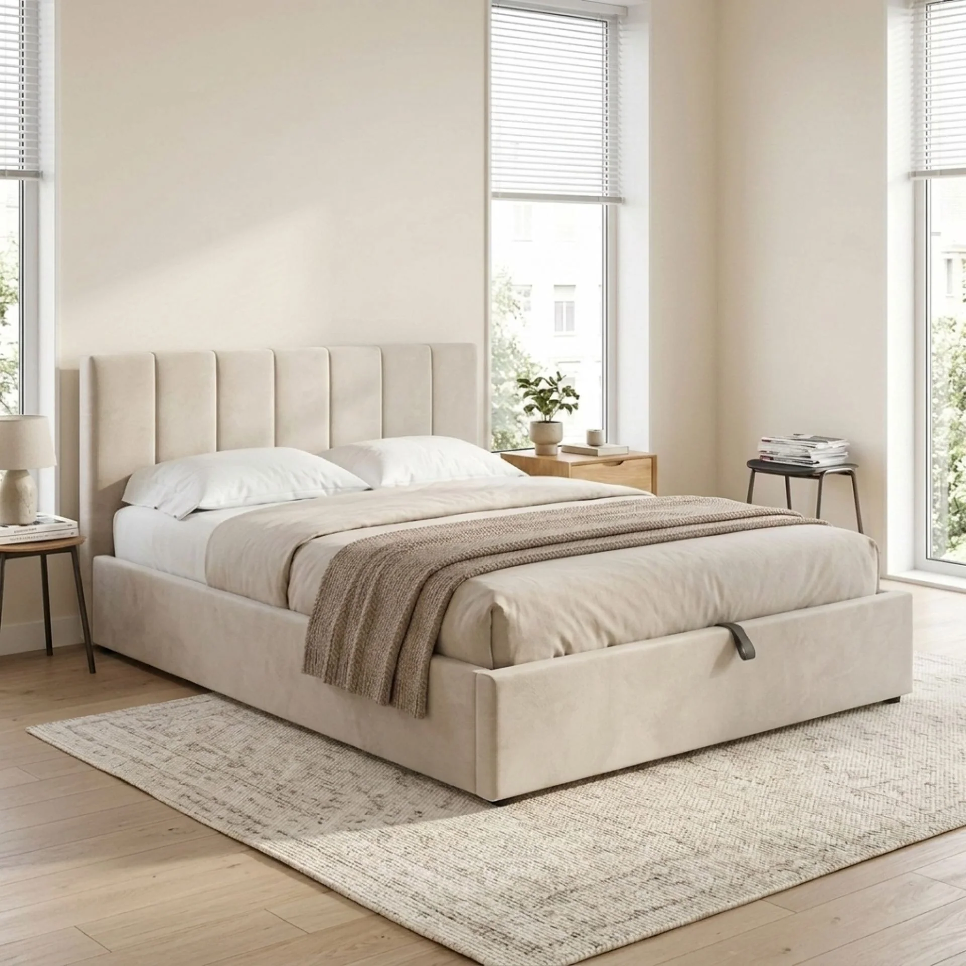 Penelope Queen Gas Lift Velvet Bed Frame - Beige