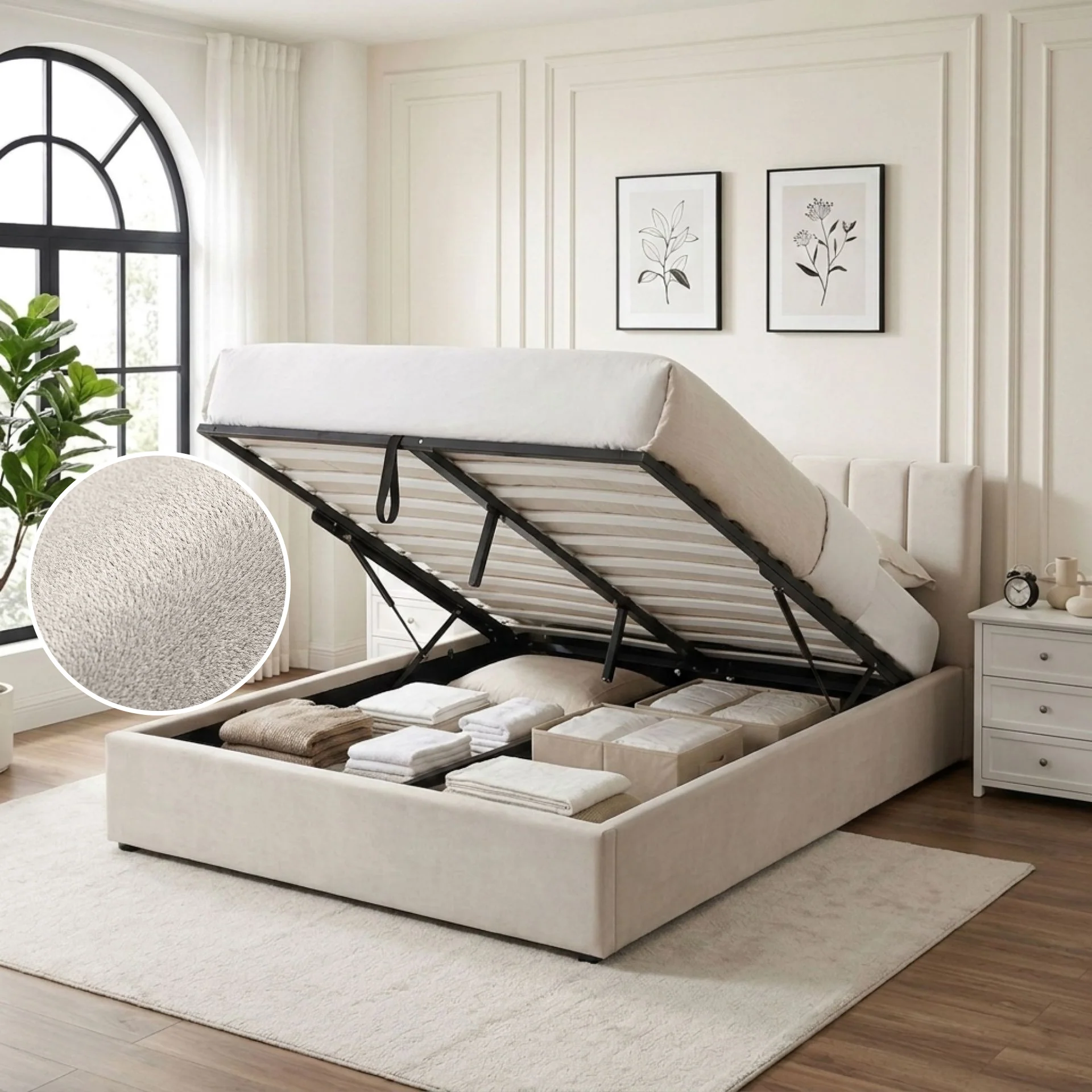 Penelope Queen Gas Lift Velvet Bed Frame - Beige - Image 2