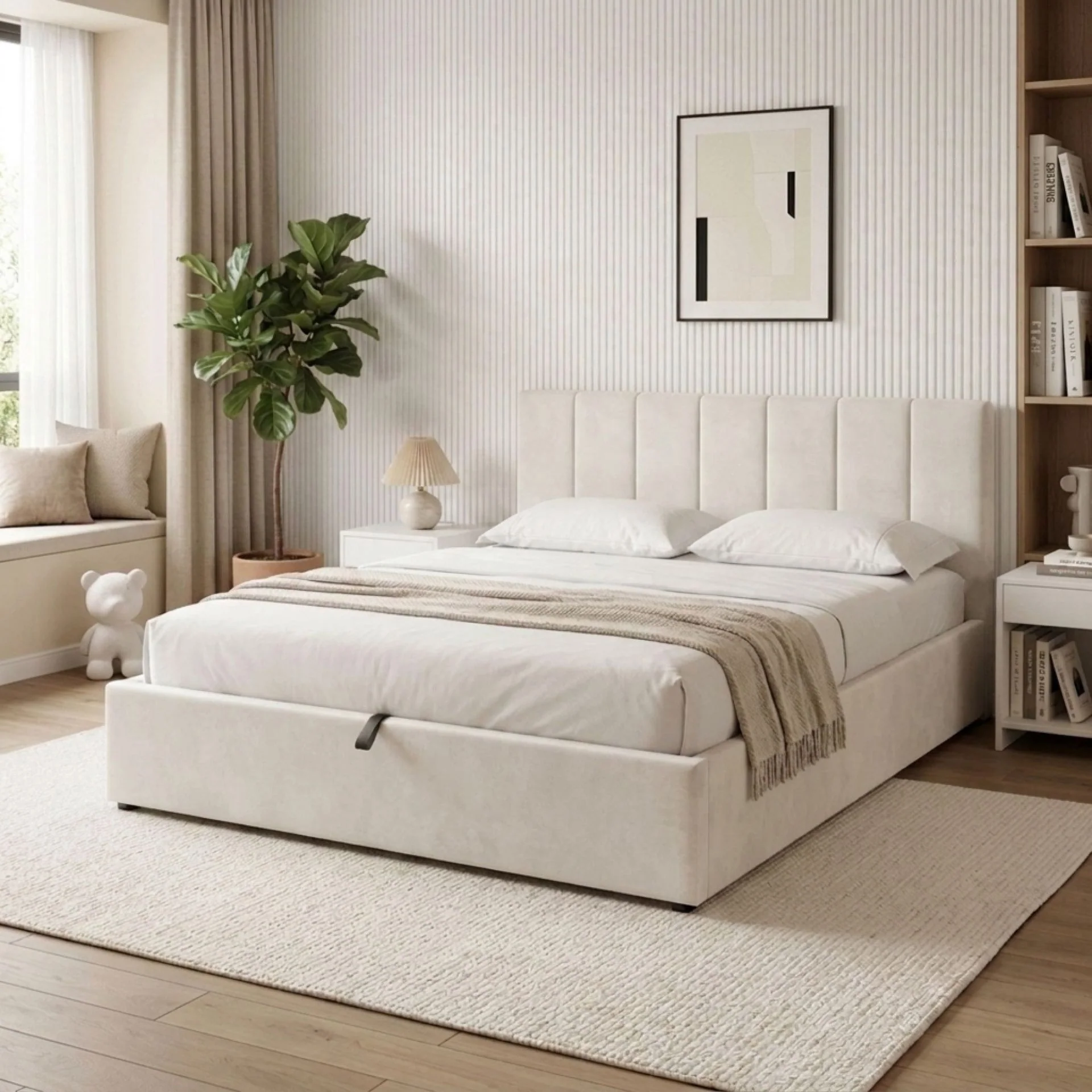 Penelope Queen Gas Lift Velvet Bed Frame - Beige - Image 4