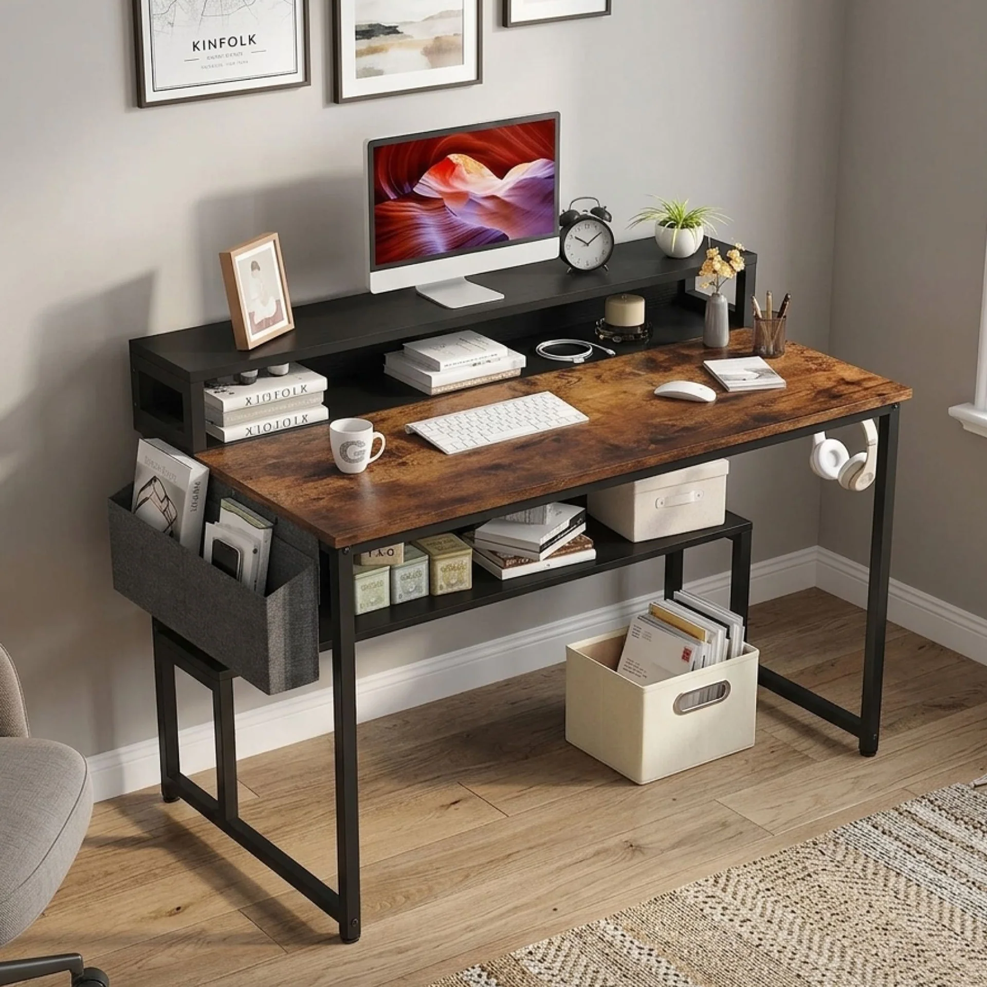 Robert 120cm Computer Desk with Storage - Rustic Brown + Black - Image 5