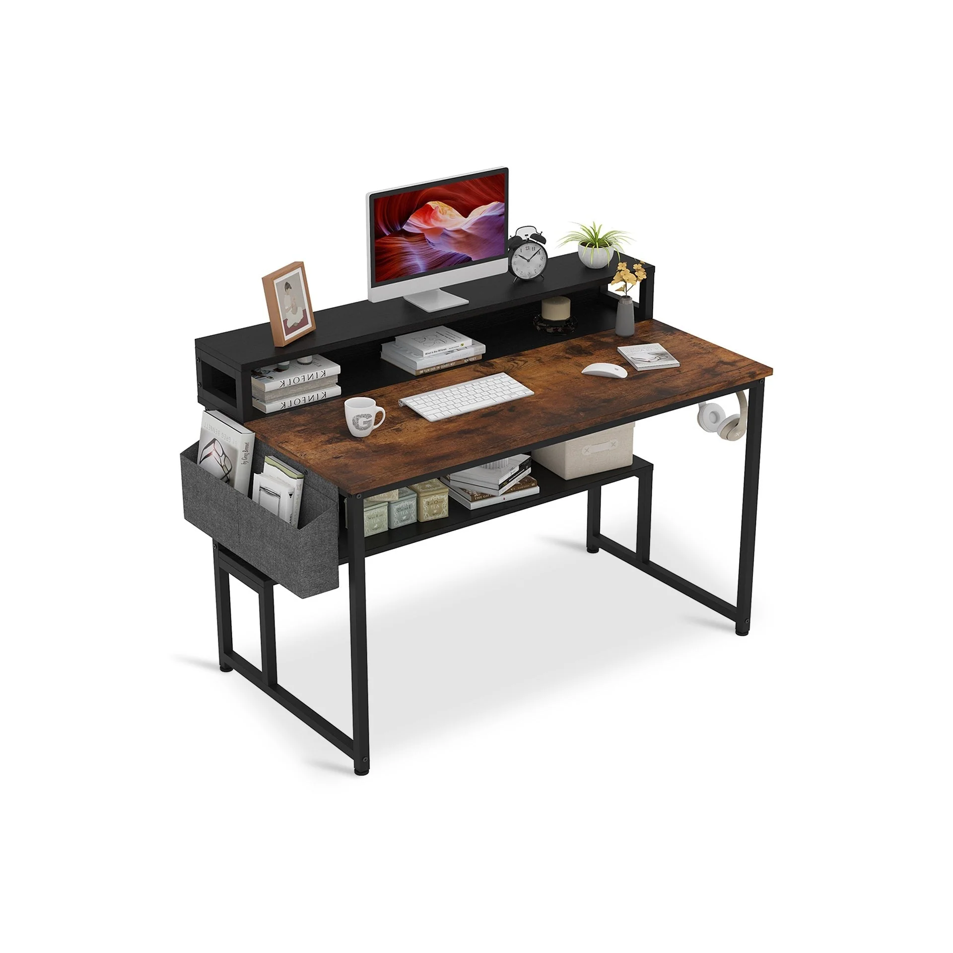 Robert 120cm Computer Desk with Storage - Rustic Brown + Black - Image 7
