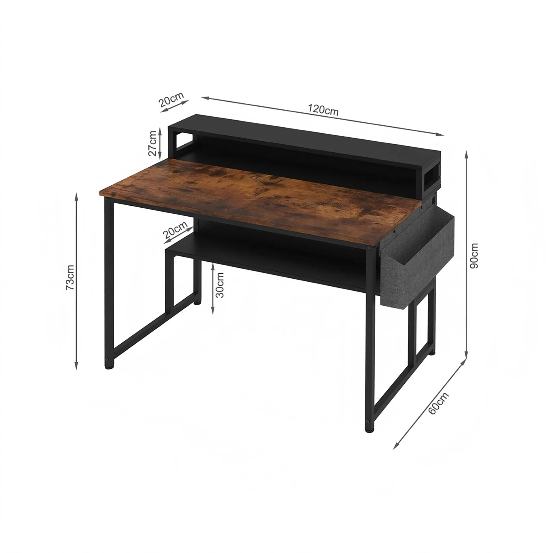 Robert 120cm Computer Desk with Storage - Rustic Brown + Black - Image 9