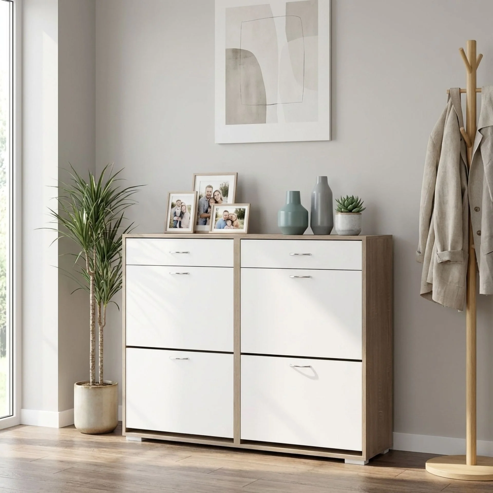 Rotoroa 6 Drawer Shoe Cabinet Storage Rack - Oak + White - Image 6