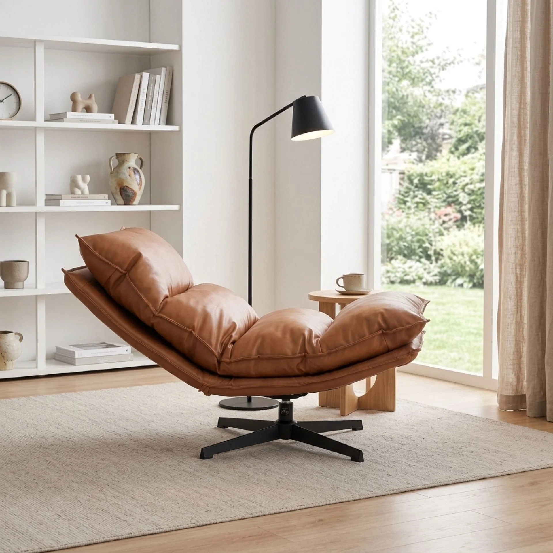 Saro Swivel Armchair with Adjustable Back - Caramel Brown - Image 7