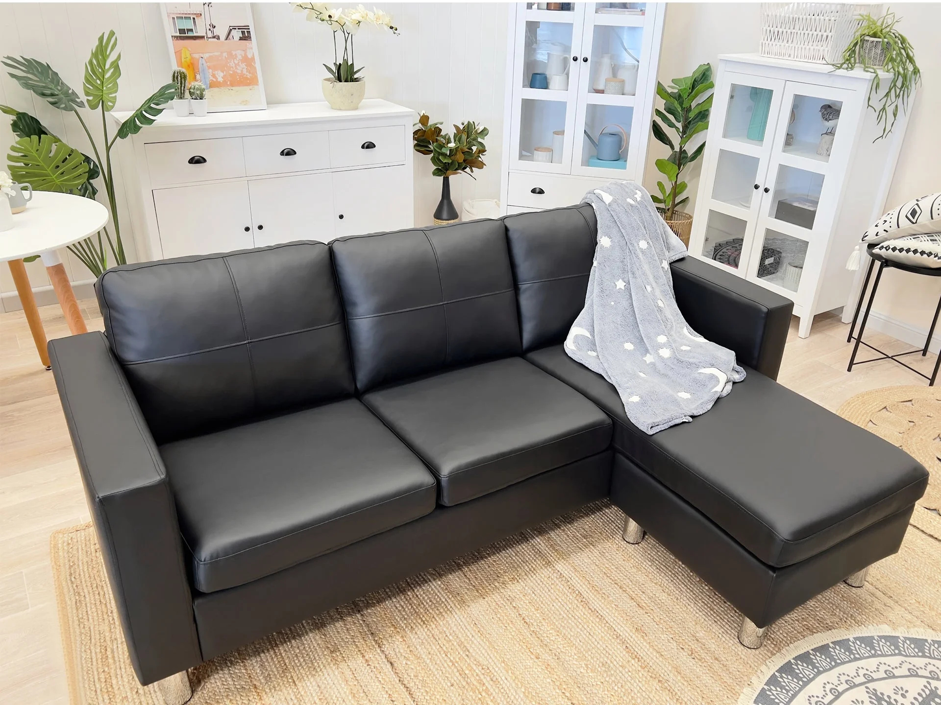 SEATTLE 3-Seater PU Sofa Couch with Chaise - Black - Image 3